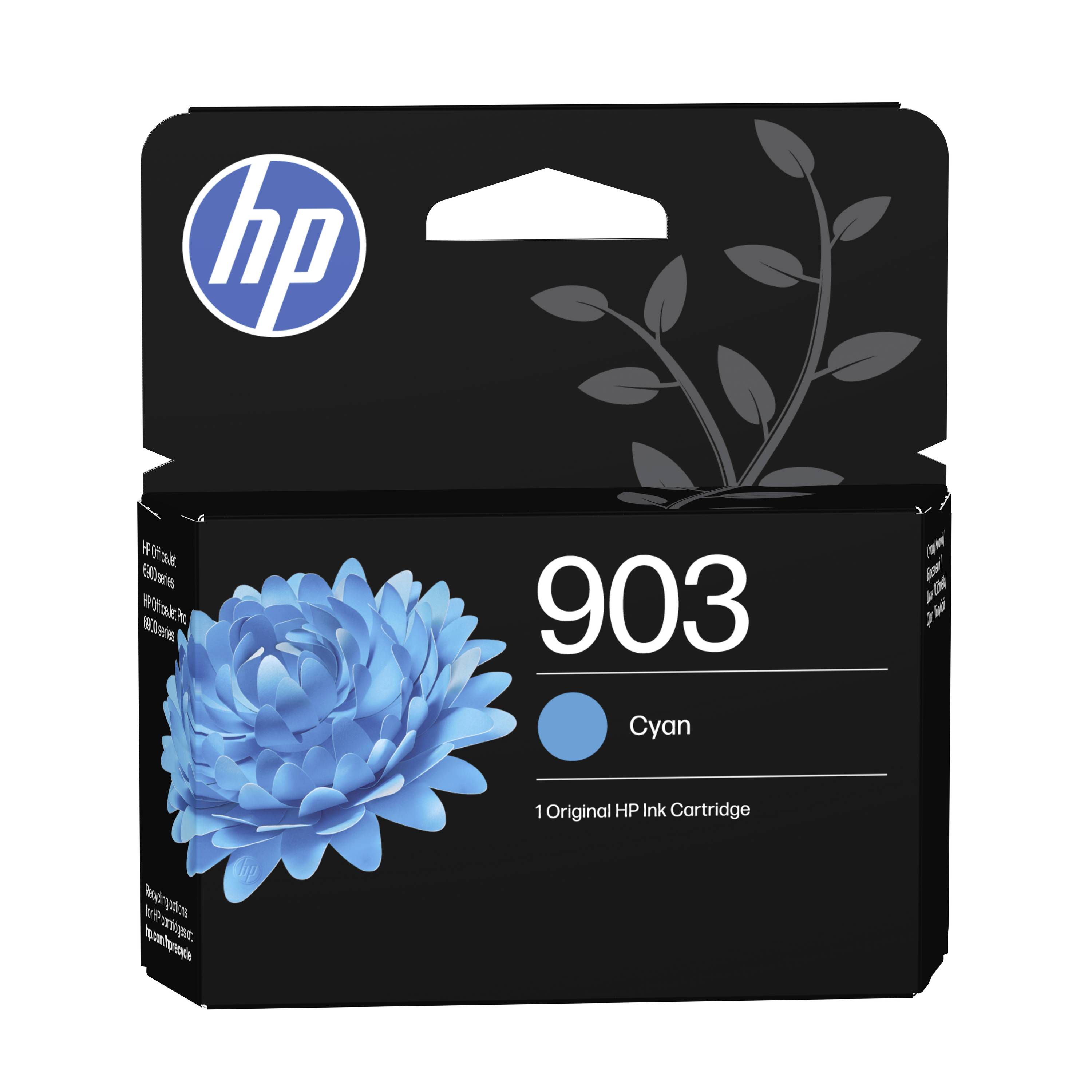 HP 903 Original Druckkopf in Cyan auf einer schwarzen Verpackung mit blauem Blumengrafik und HP-Logo.