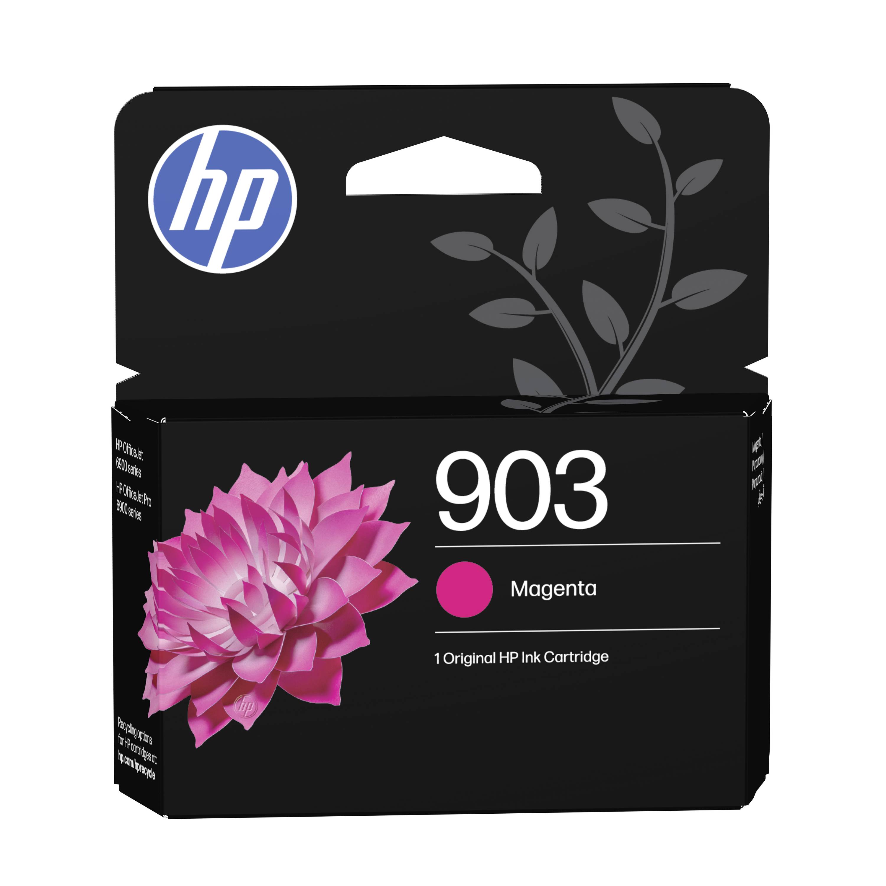 HP 903 Magenta Original Tintenpatrone in einer Verpackung mit rosa Blumengrafik und HP-Logo.