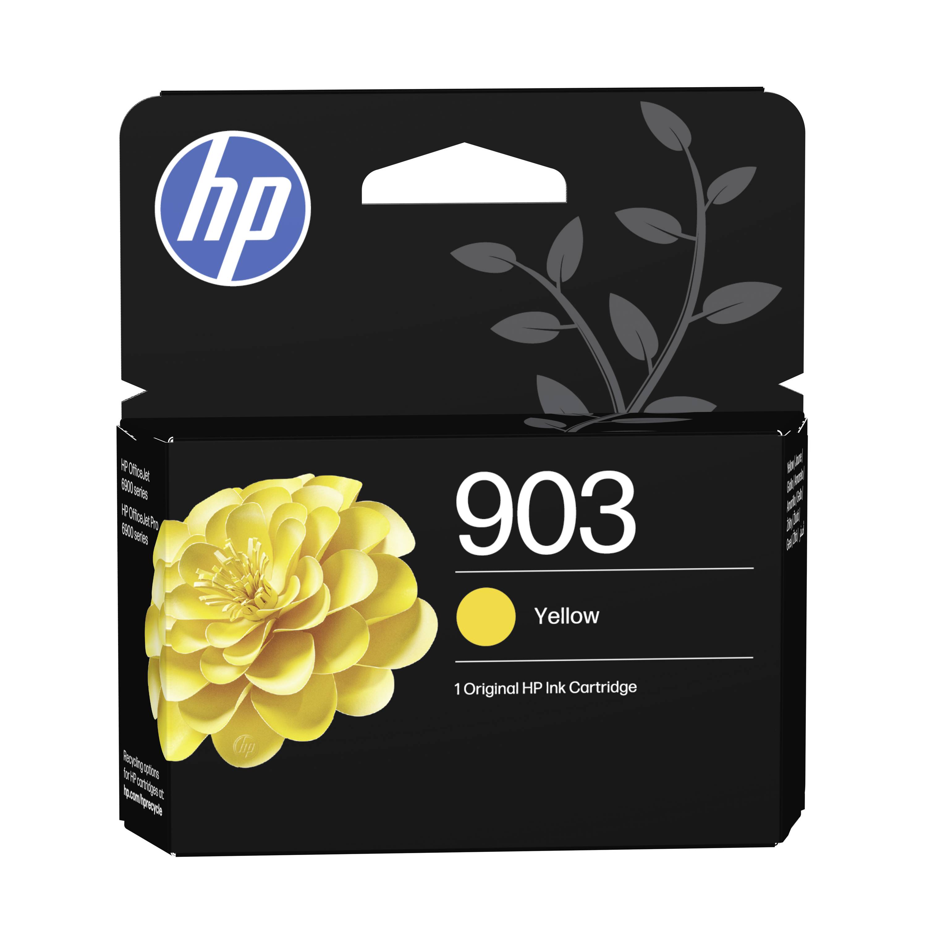 HP 903 gelbe Original-Tintenpatrone Packung mit gelbem Blumenmotiv und HP-Logo auf schwarzer Verpackung.