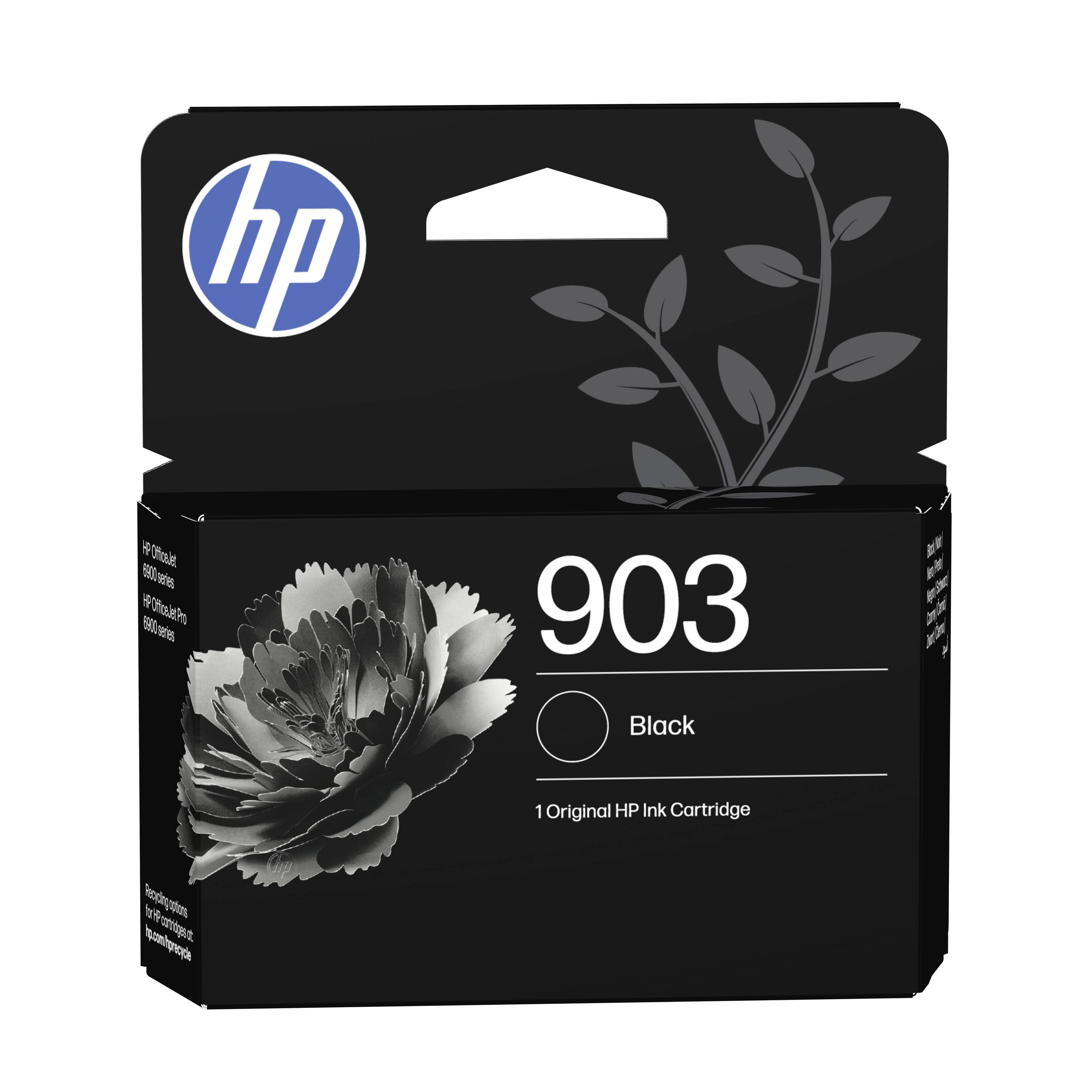 HP 903 schwarze Tintenpatrone in einer Box mit HP-Logo und Blumengrafik auf schwarzer Verpackung.