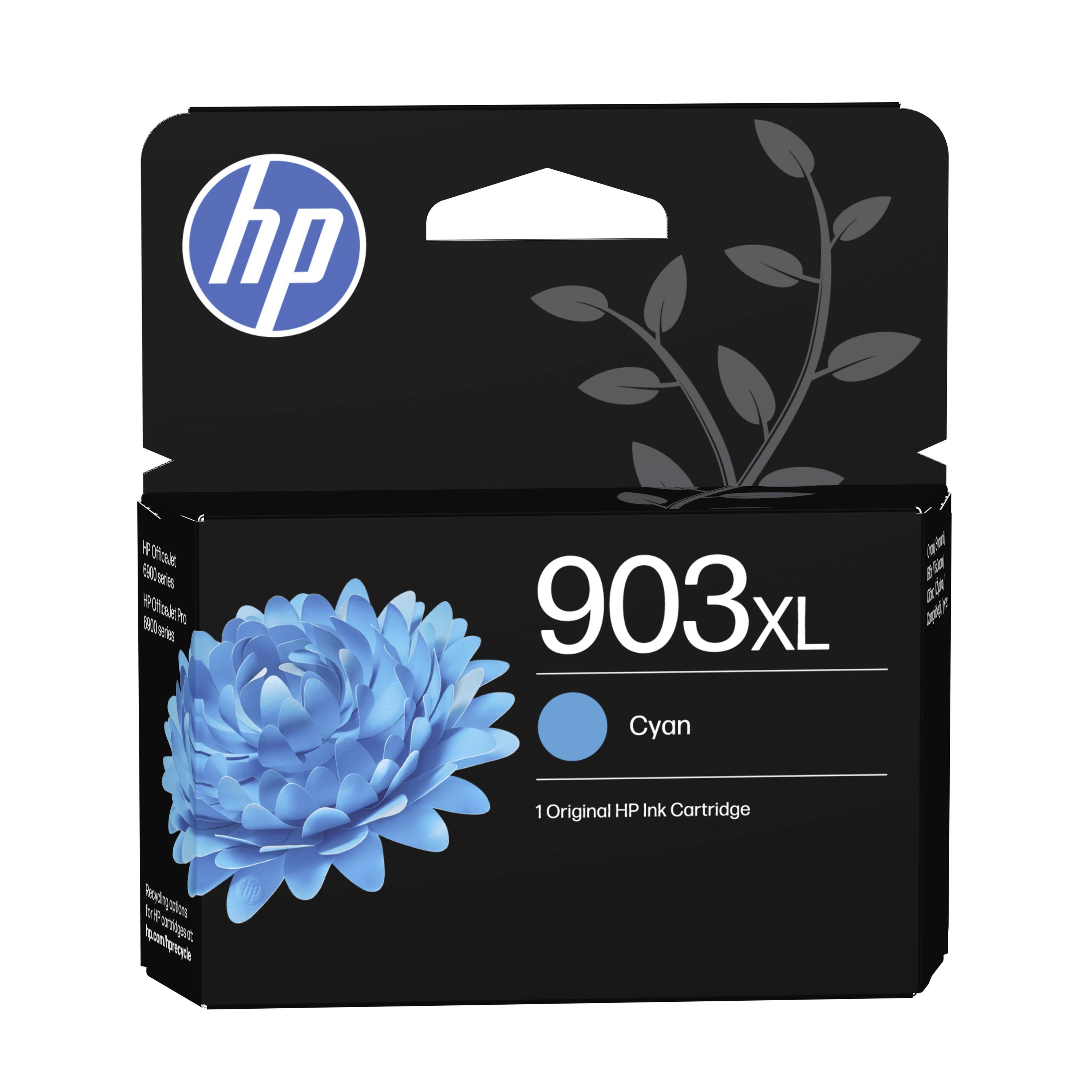 HP 903XL Tintenpatrone in Cyan auf einer schwarzen Schachtel mit blauem Blumenmotiv und HP-Logo.