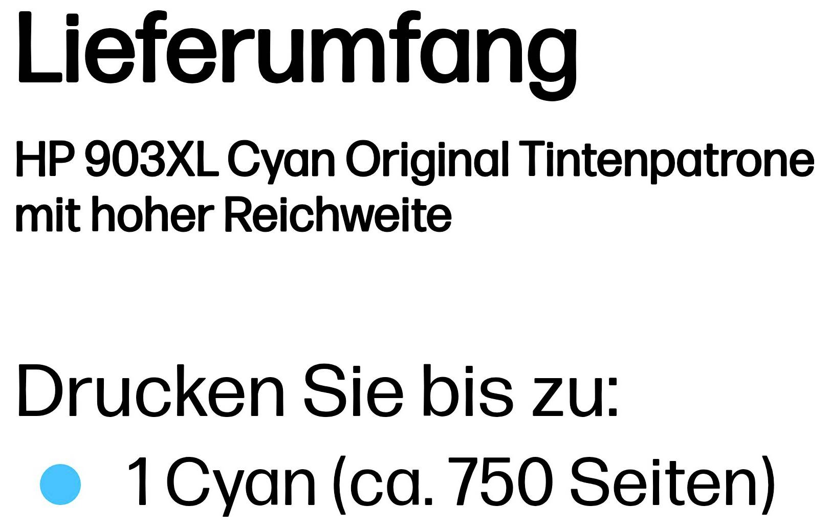 HP 903XL Cyan Tintenpatrone - LieferumfangEnthält:- 1 Cyan-TintenpatroneDruckvolumen:- Bis zu etwa 750 Seiten