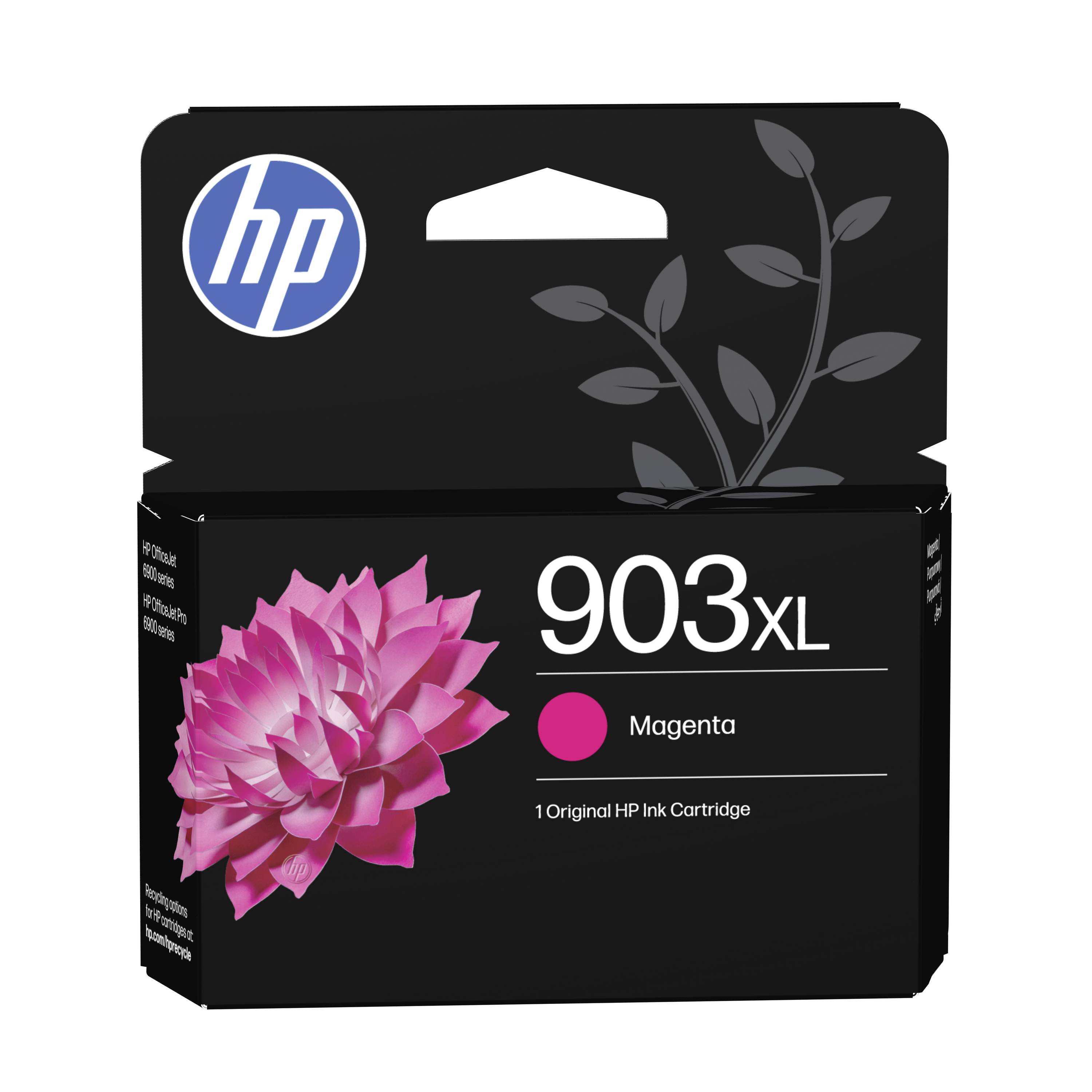 HP 903XL Magenta Original Tintenpatrone in einer Schachtel mit rosa Blumengrafik und HP-Logo auf schwarzer Verpackung.