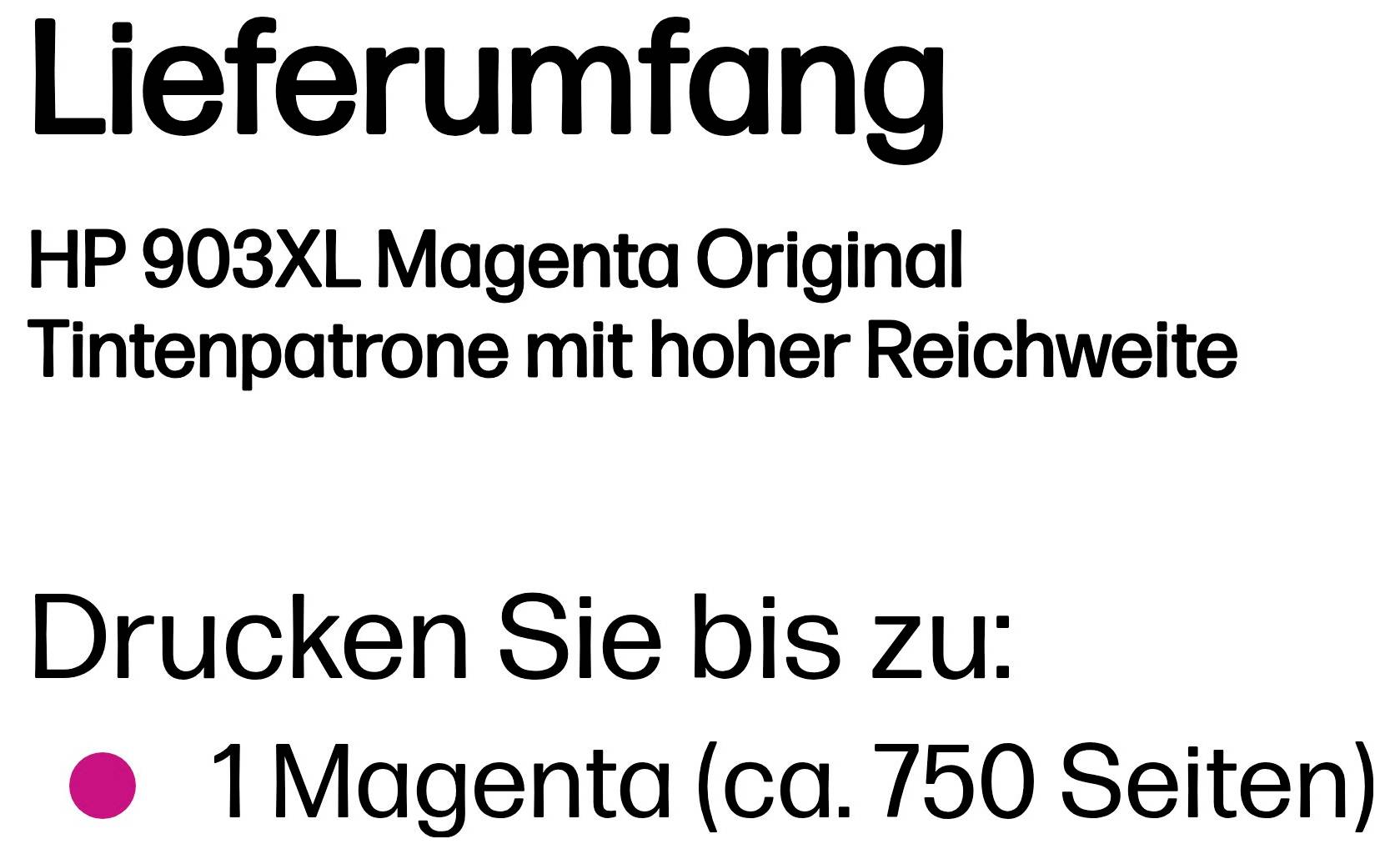 Lieferumfang für HP 903XL Magenta Original Tintenpatrone mit hoher Ergiebigkeit; druckt bis zu 1 Magenta-Patrone, etwa 750 Seiten.