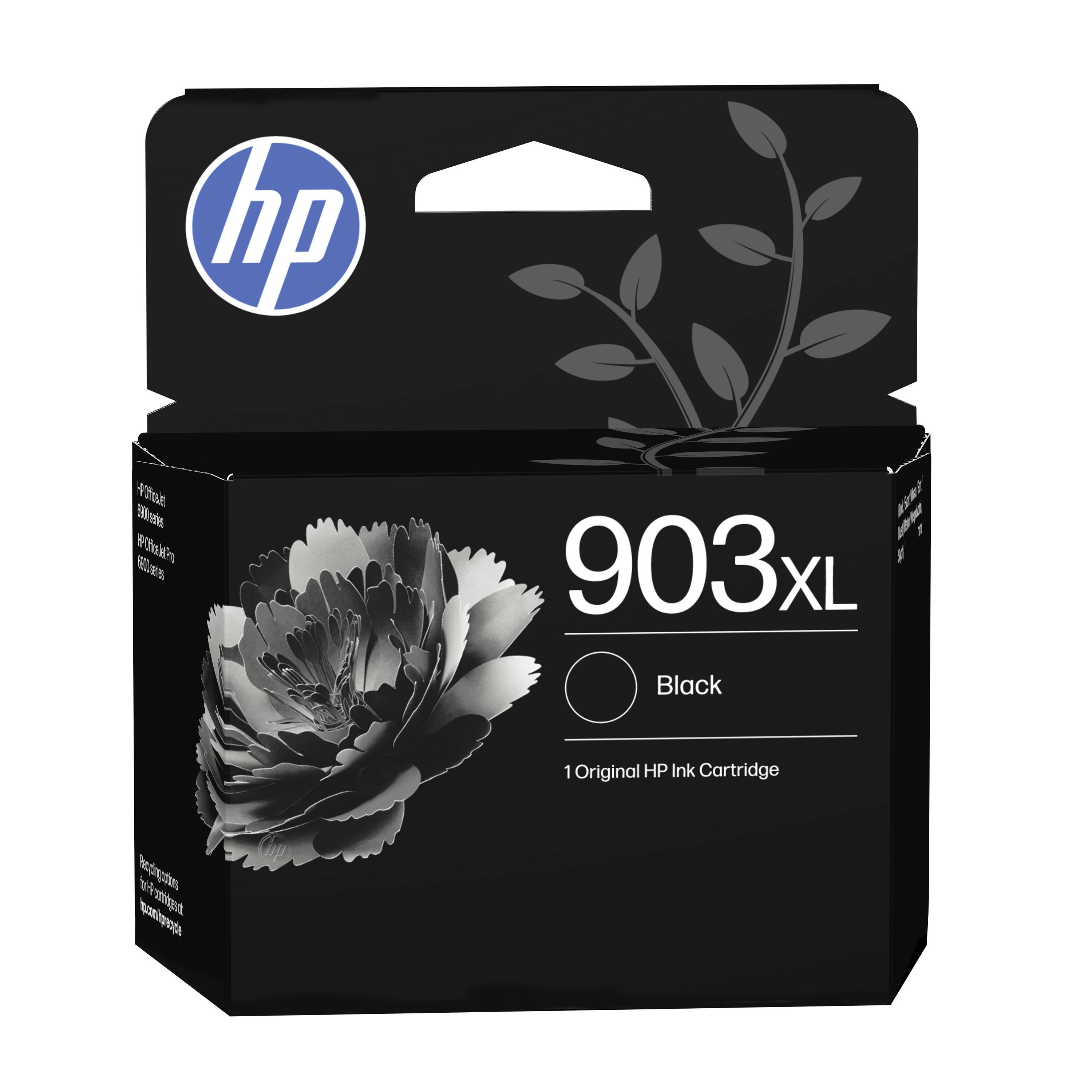 HP 903XL schwarze Tintenpatrone in Schachtel mit HP-Logo und Blumengrafik, gekennzeichnet mit 