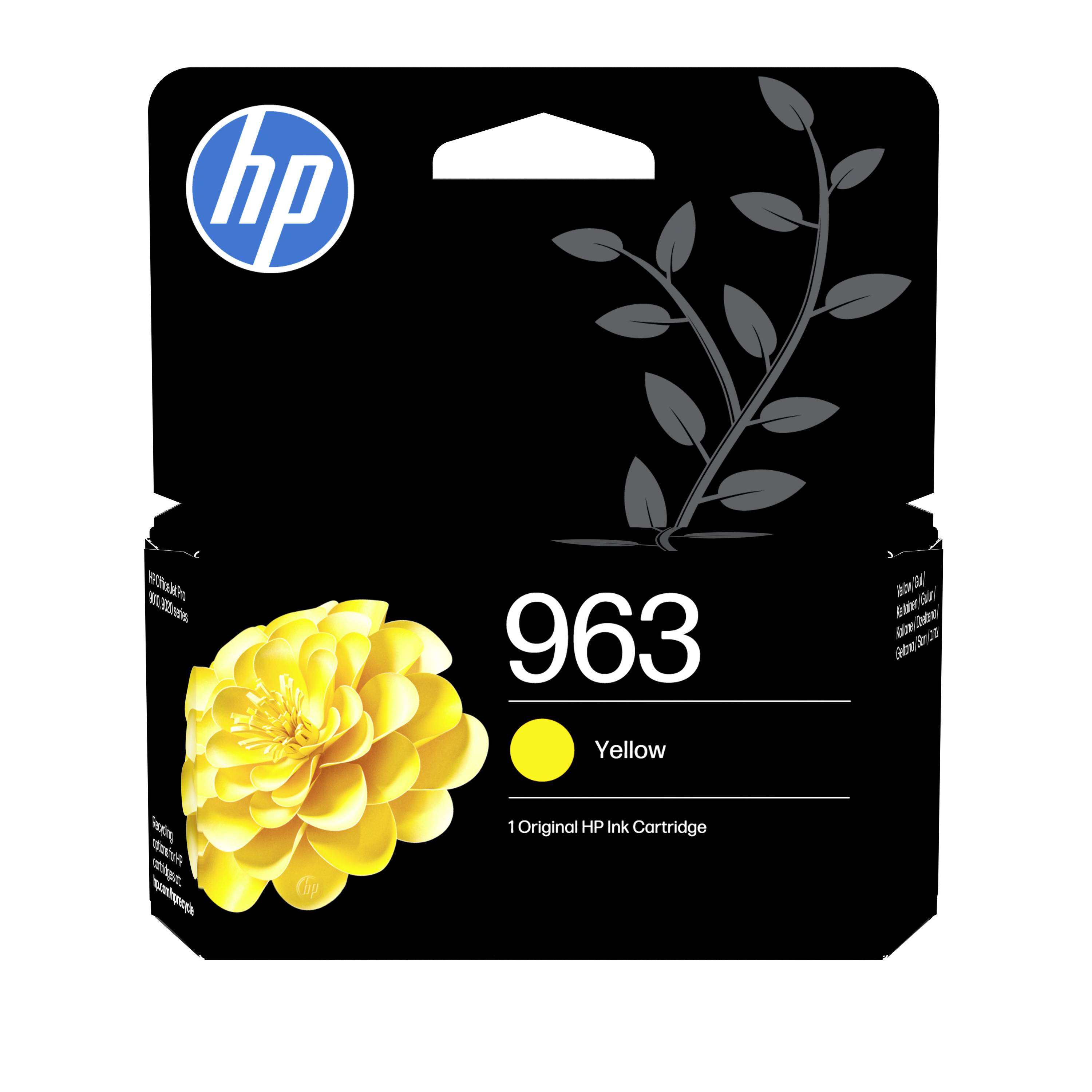 HP 963 gelbe Original-Tintenpatrone in einer Schachtel mit gelbem Blumenmotiv und HP-Logo auf schwarzer Verpackung.