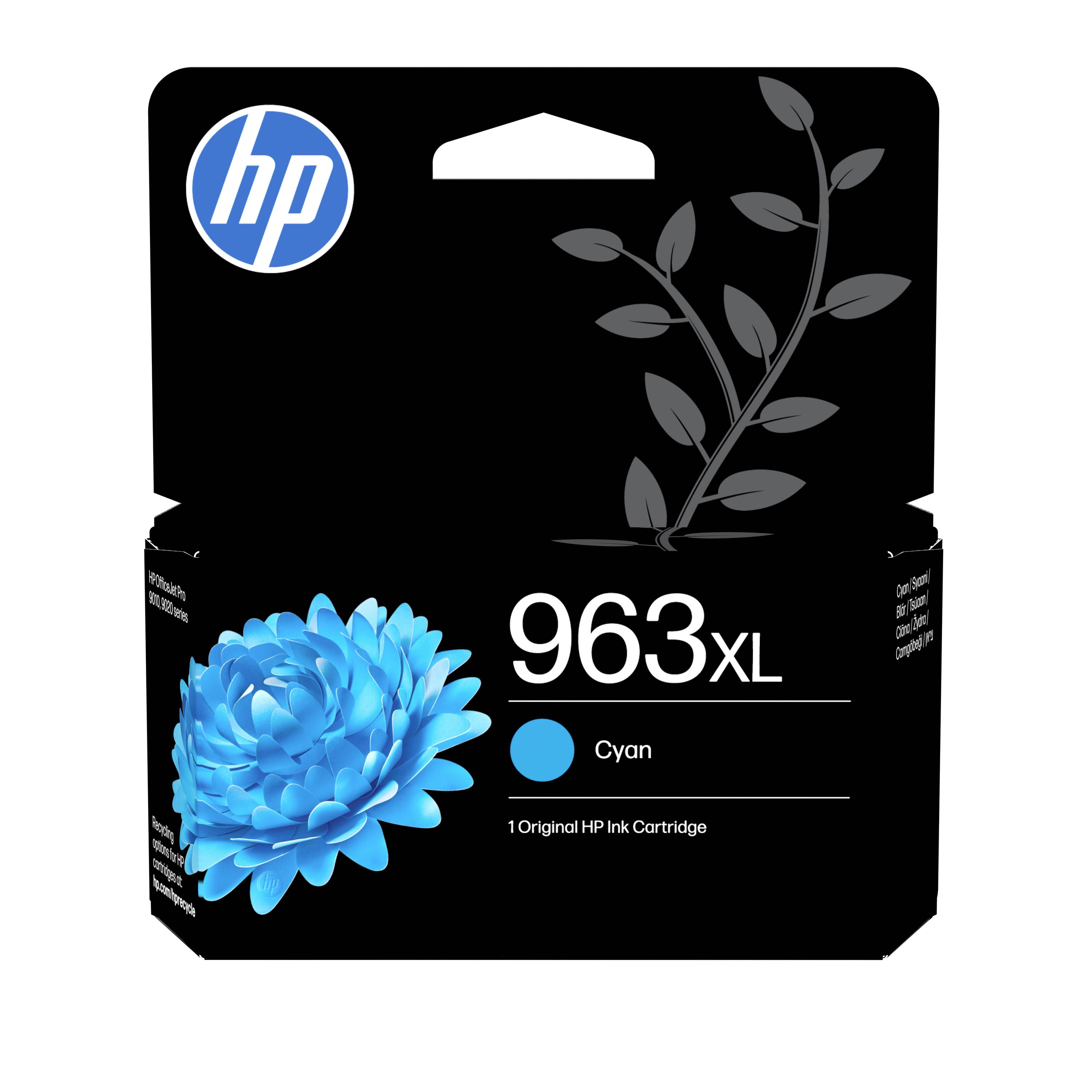 HP 963XL Cyan-Tintenpatrone in einer Schachtel mit blauem Blumenmotiv und HP-Logo auf schwarzem Paket.
