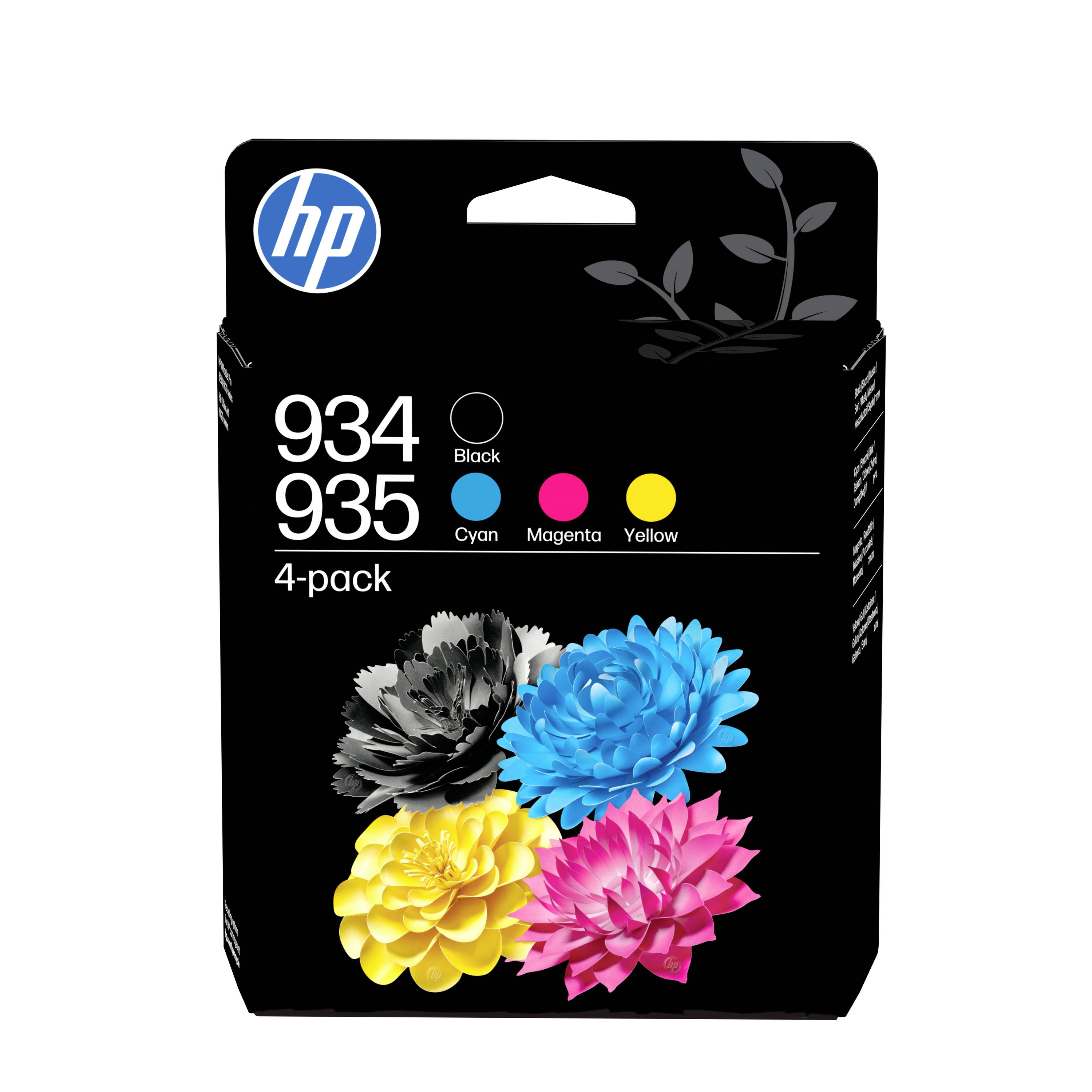 HP 934/935 4er-Pack Tintenpatrone mit schwarzen, cyan-, magenta- und gelben Tinten mit Blumenbildern.