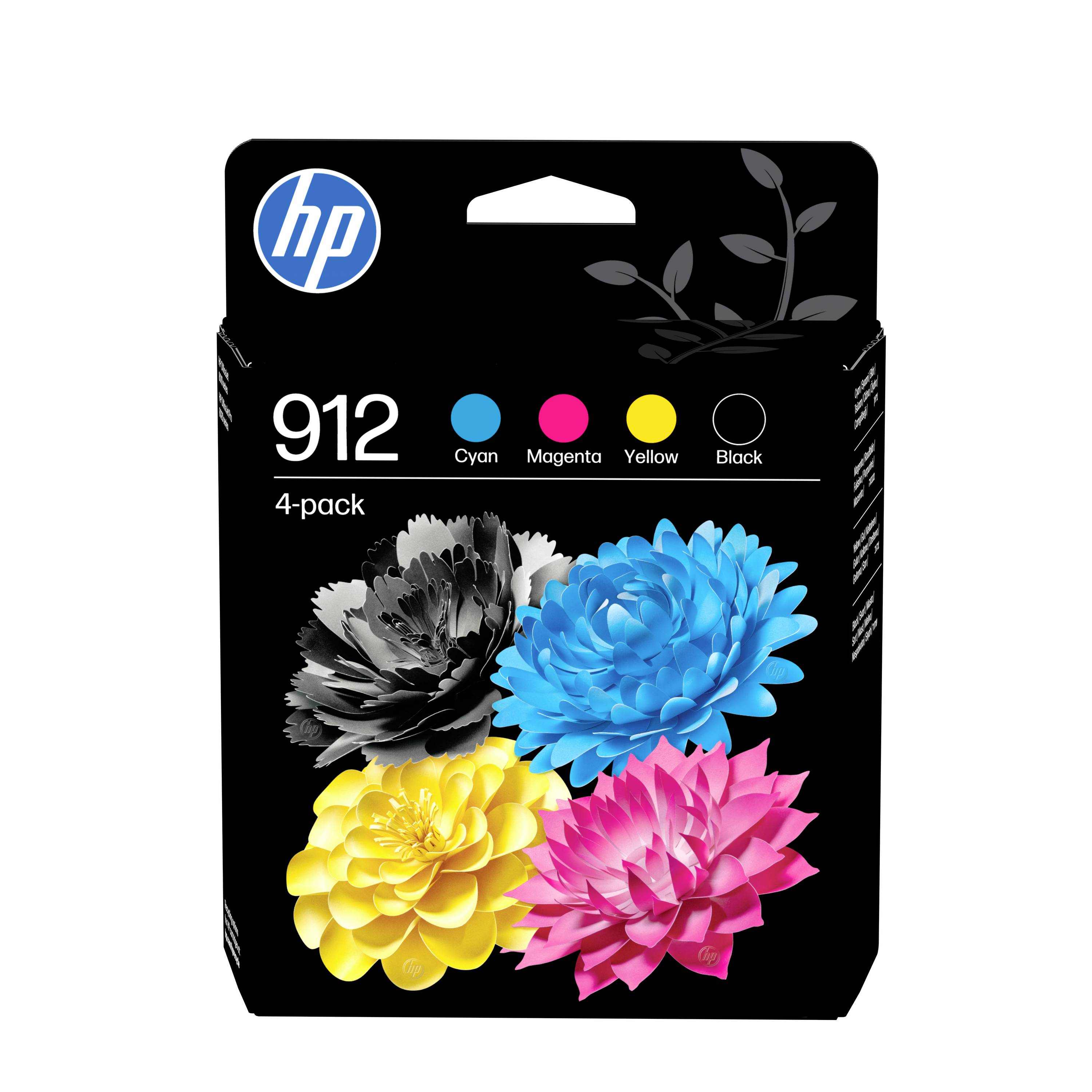 HP 912 4er-Pack Tintenpatronen mit Abbildungen von Cyan-, Magenta-, Gelb- und Schwarztinte mit Blumenmotiven.