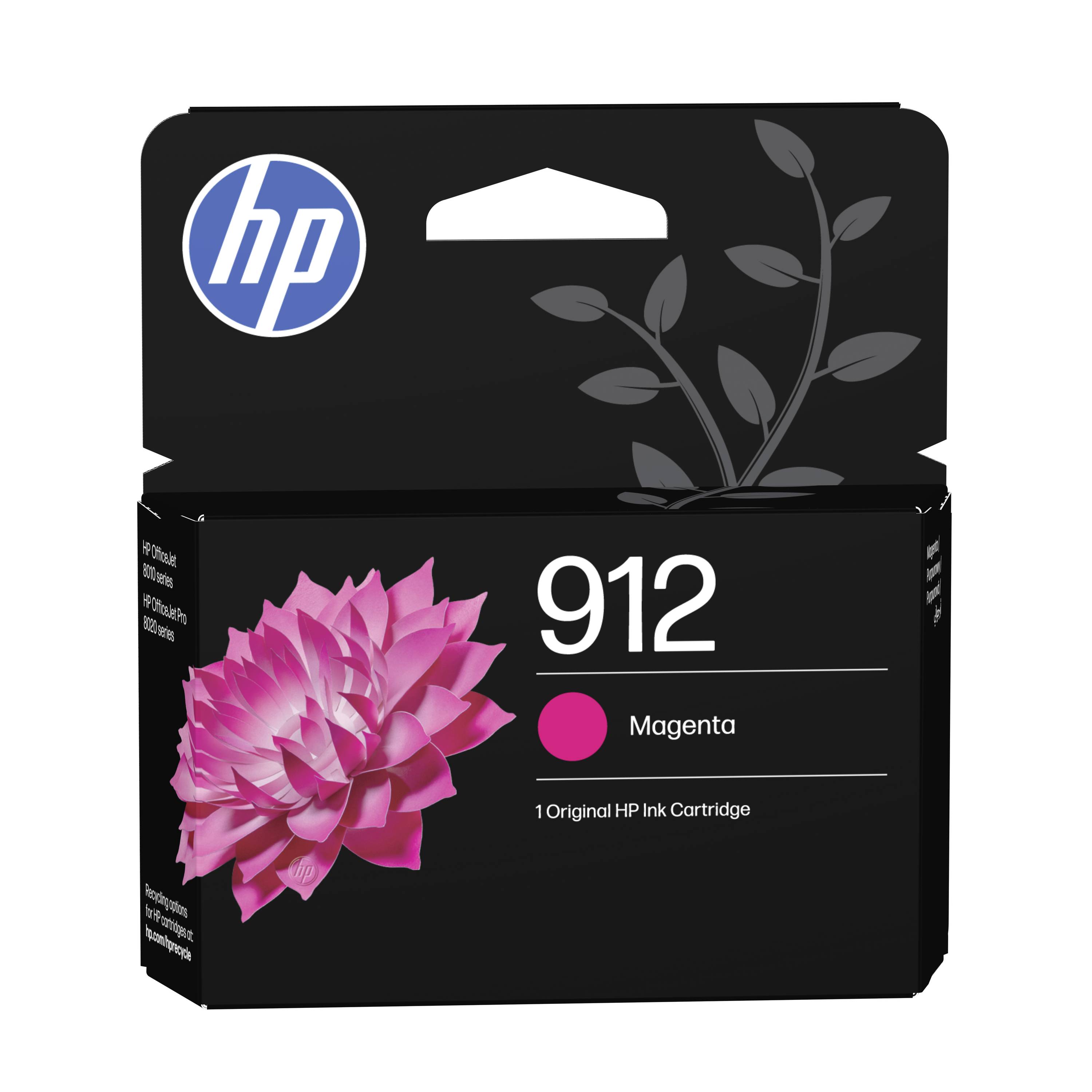 HP 912 original Magenta-Tintenpatrone mit HP-Logo und rosa Blumengrafik.