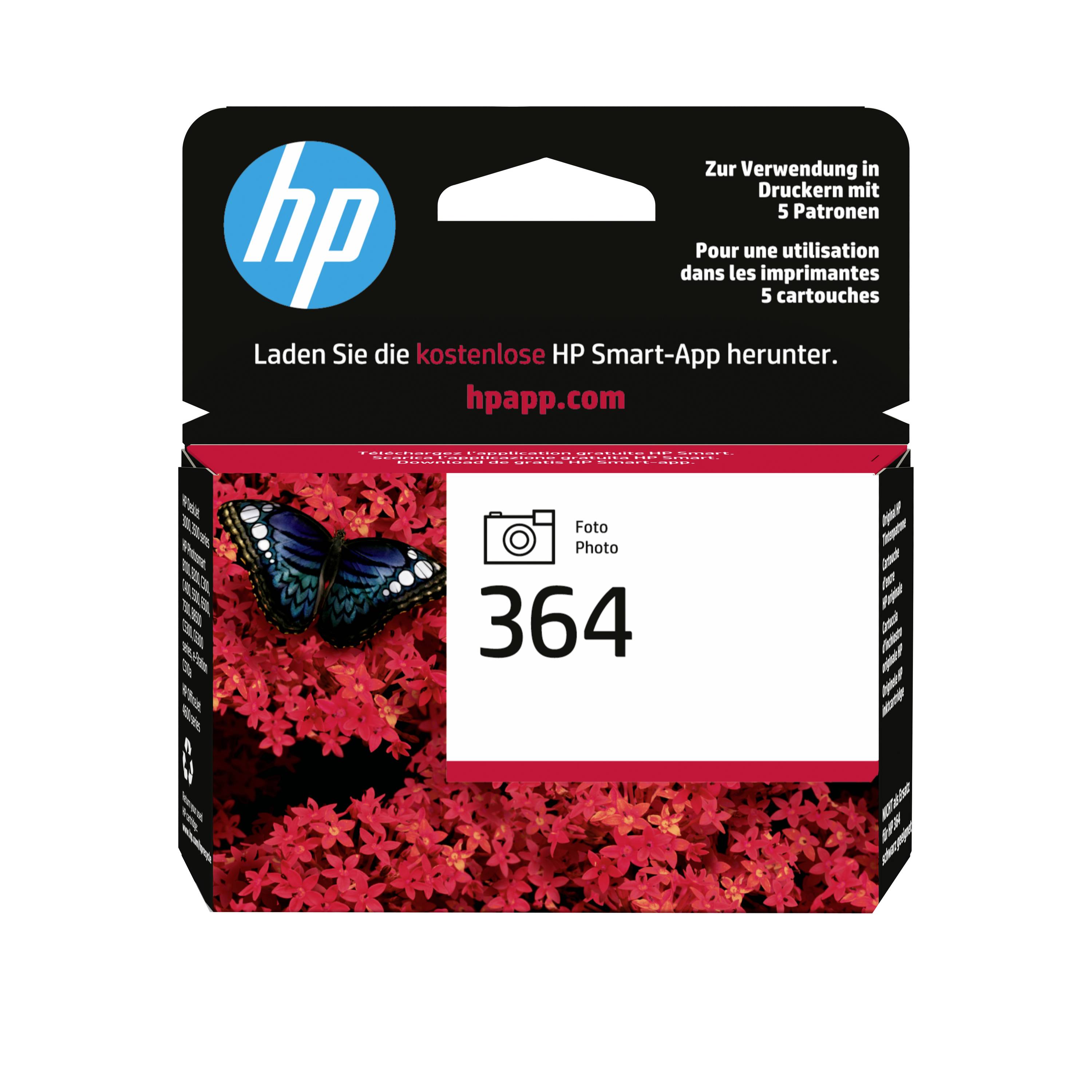 HP 364 Foto-Tintenpatronenschachtel mit Schmetterling und roten Blumen, gekennzeichnet für die Verwendung in 5 Patronen und mit Anweisung für Benutzer, die HP Smart App unter hpapp.com herunterzuladen.