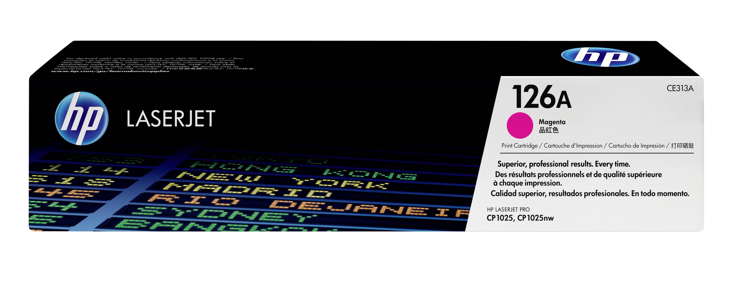 HP LaserJet 126A Magenta-Tonerkartuschenbox, dargestellt in schwarzer und weißer Verpackung mit HP-Logo und aufgelisteten kompatiblen Druckermodellen.