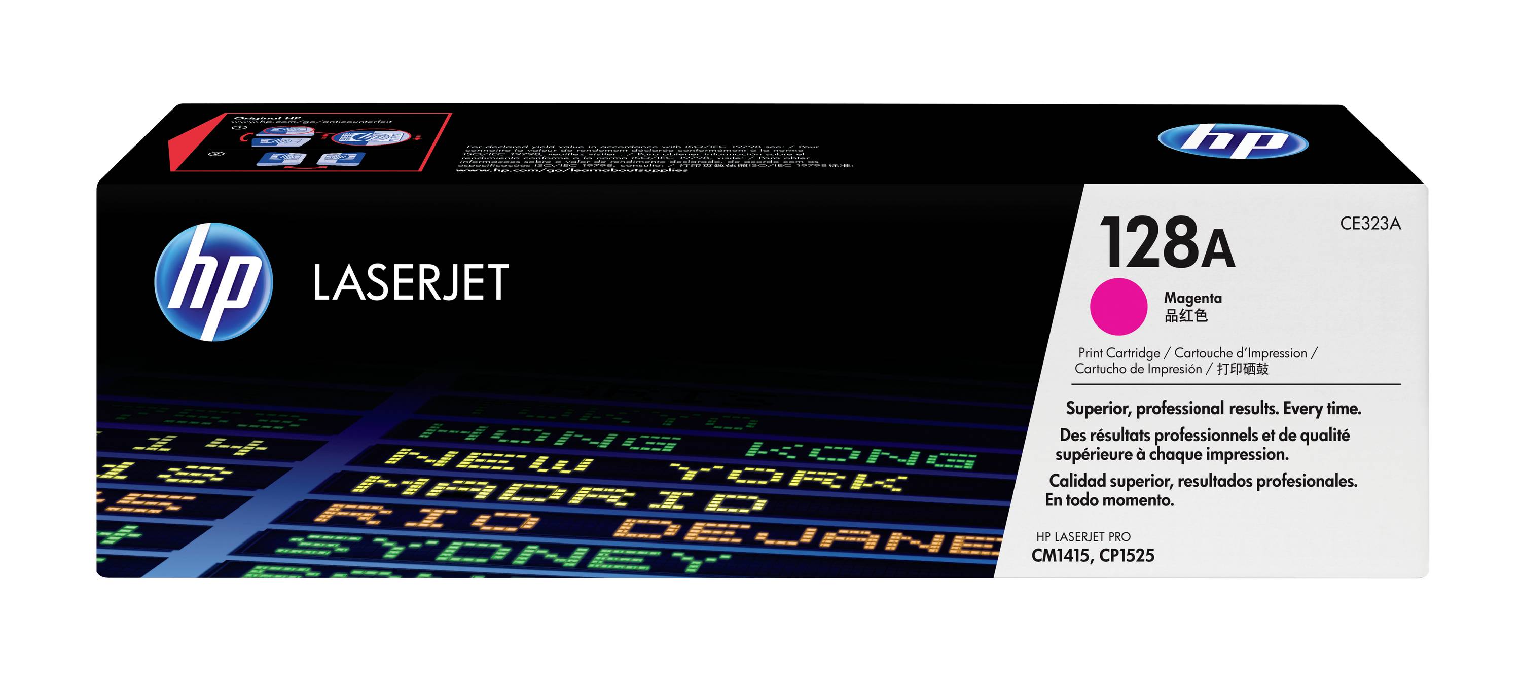 HP LaserJet 128A Magenta-Tonerpatrone, Karton mit Kennzeichnung für die Verwendung mit HP LaserJet-Druckern.
