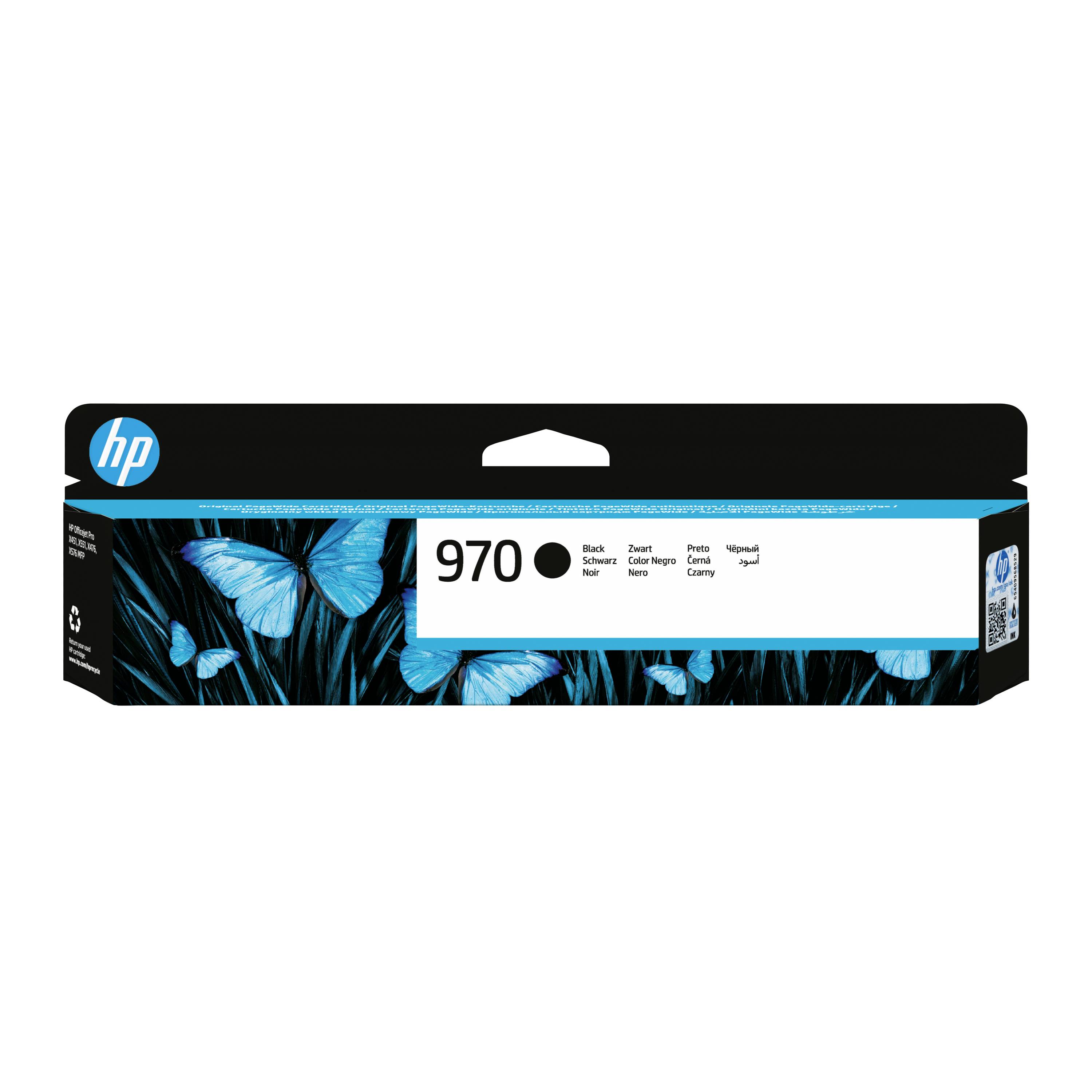 HP 970 schwarze Tintenpatrone Karton mit blauem Schmetterlingsdesign und sichtbarem Etikett 