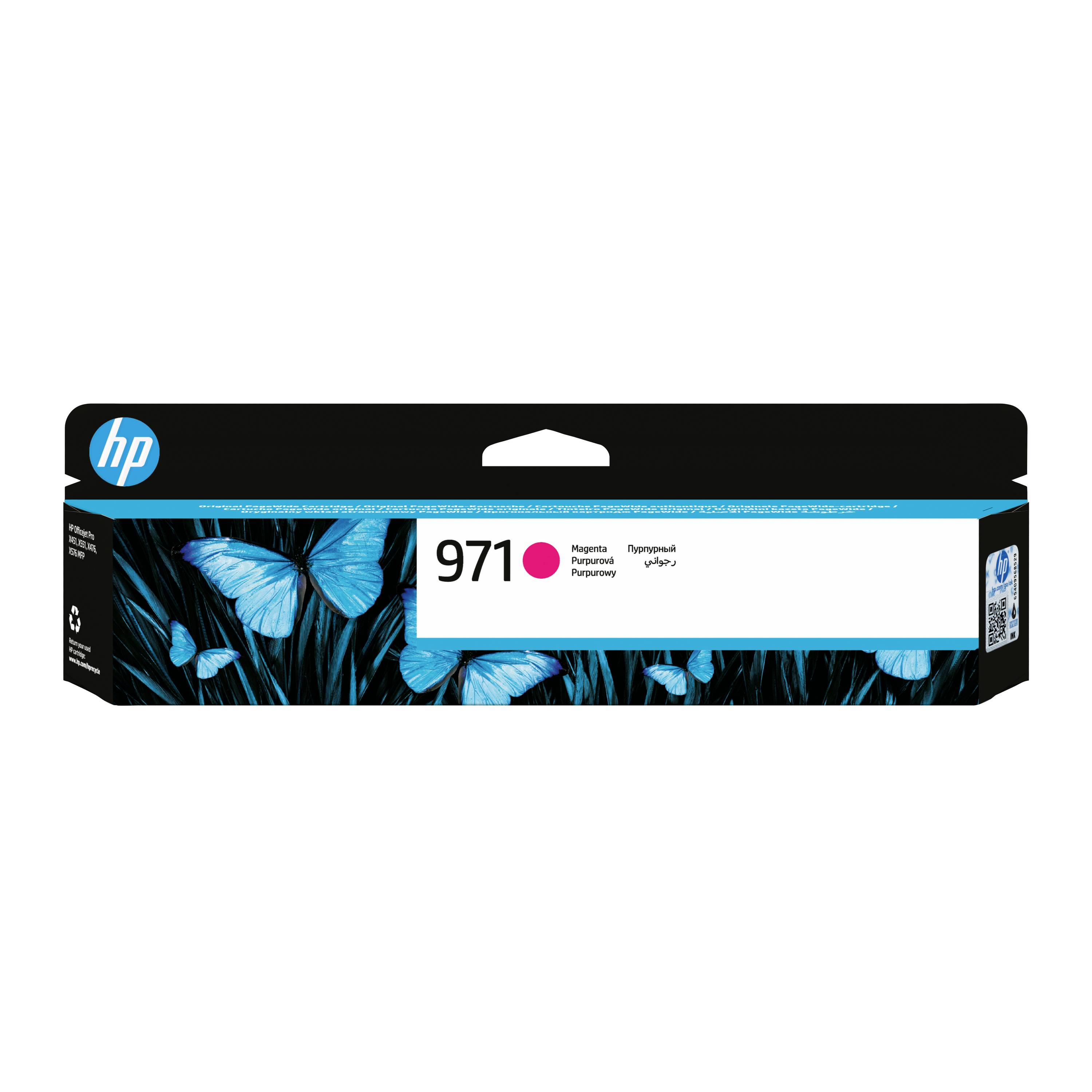 HP 971 Magenta-Tintenpatrone mit blauem Schmetterlingsdesign und großem „971