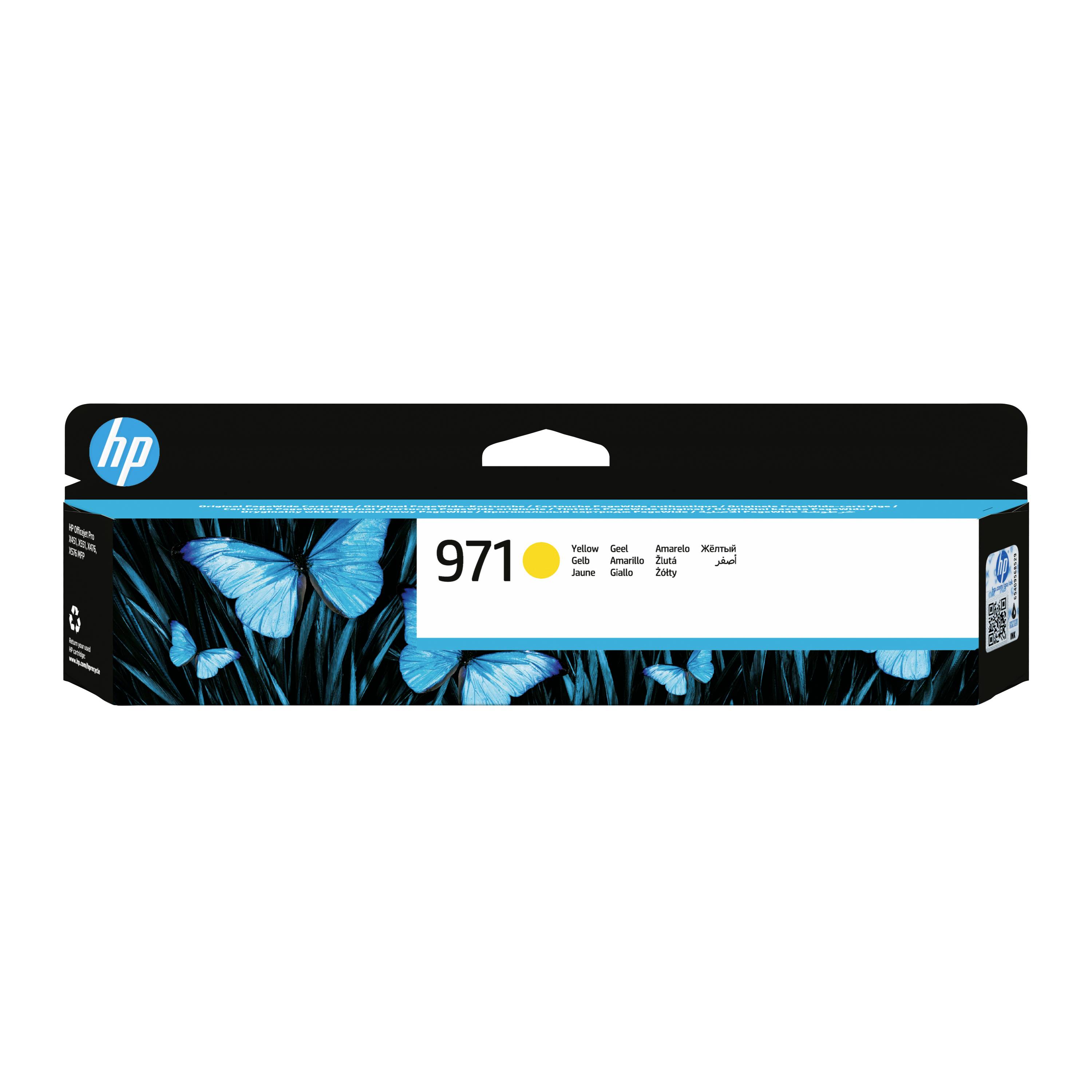 Tintenpatronenschachtel HP 971 mit blauem Schmetterlingsdesign, gekennzeichnet mit „Gelb