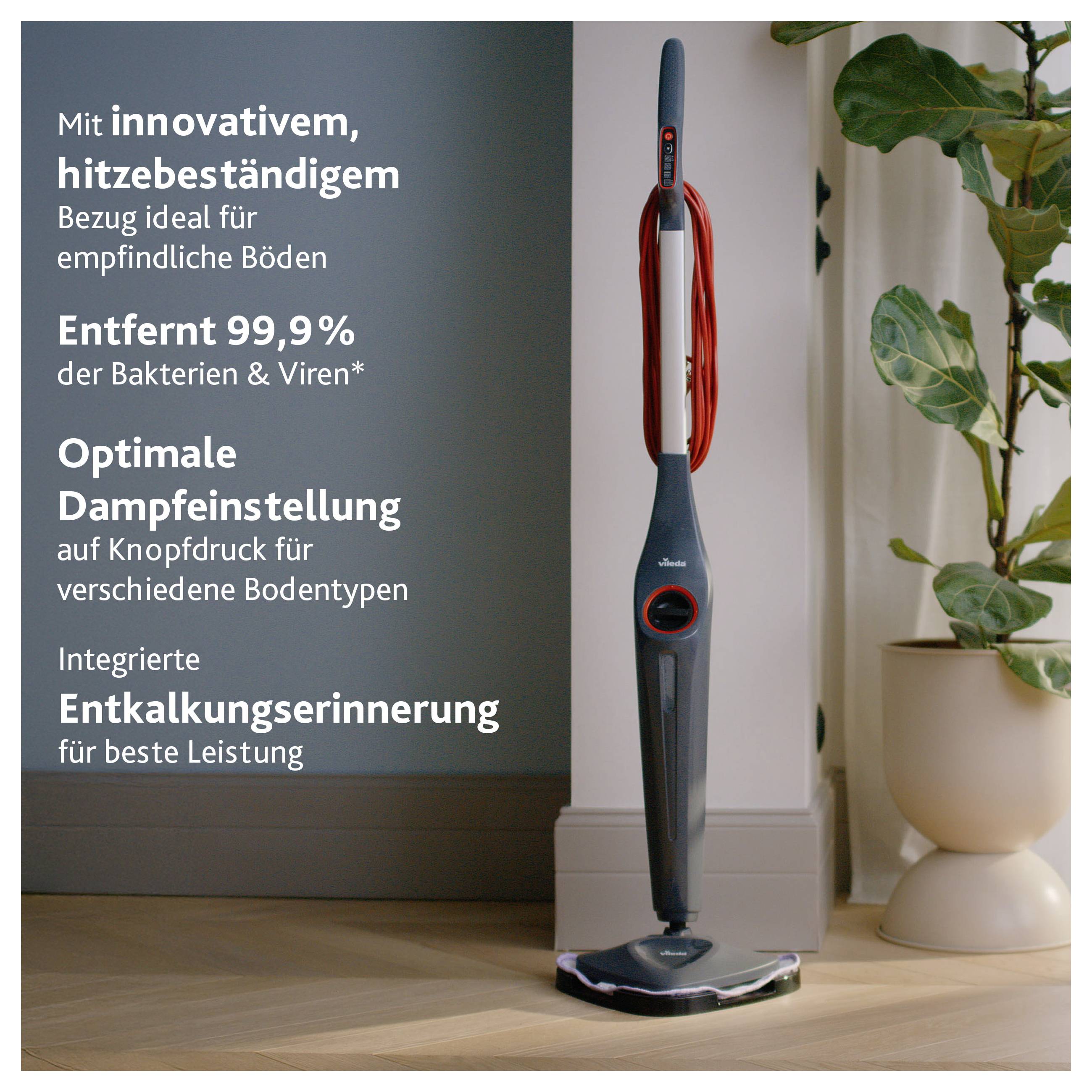 Dampfreiniger mit rotem Kabel; Text nennt hitzebeständigen Bezug, entfernt 99,9 % Bakterien und Viren, optimale Dampfleistung und Entkalkungserinnerung.