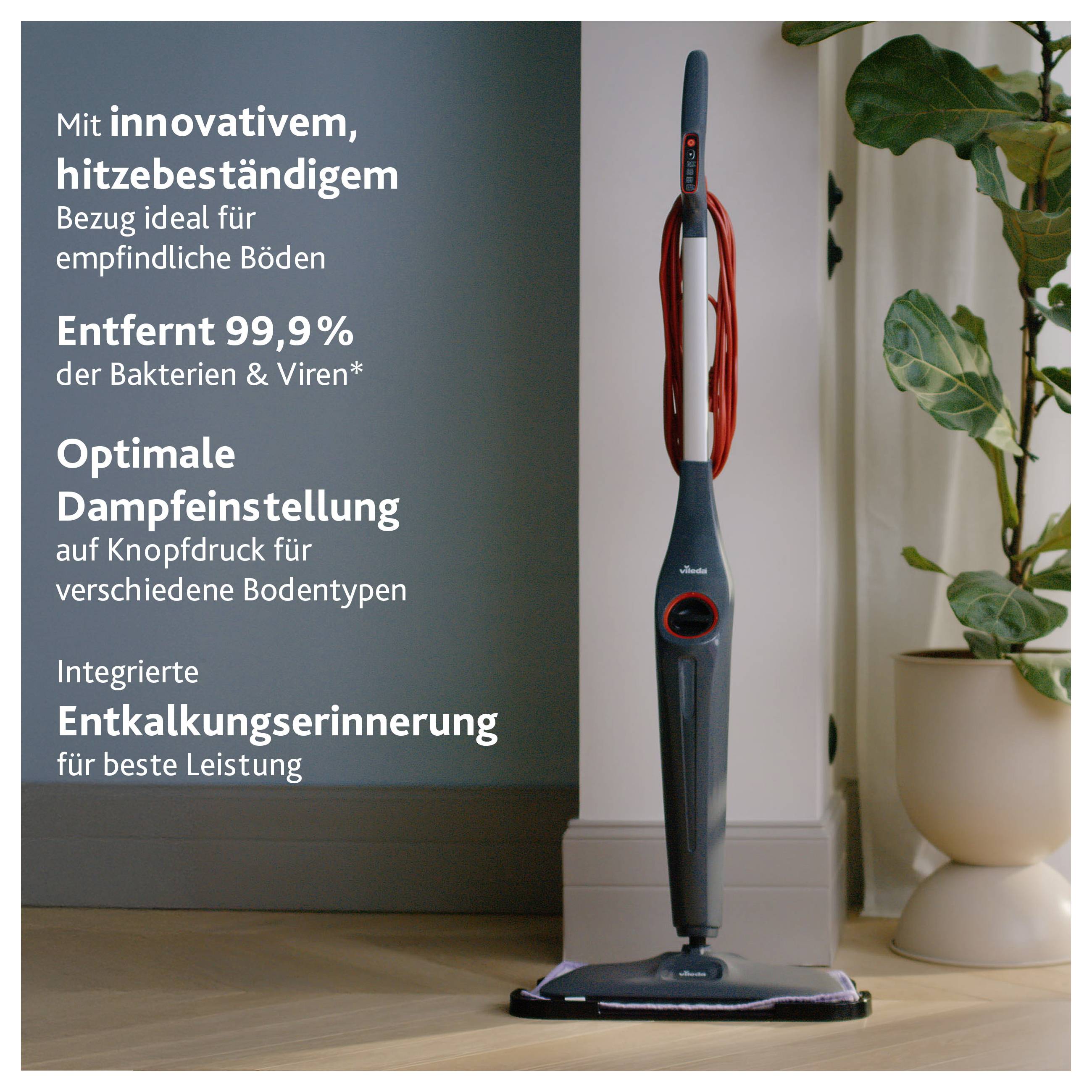 Dampfreiniger mit Texten zu 99,9 % Bakterien- und Virenentfernung, hitzebeständigem Bezug, Dampfregelung und Entkalkungserinnerung.
