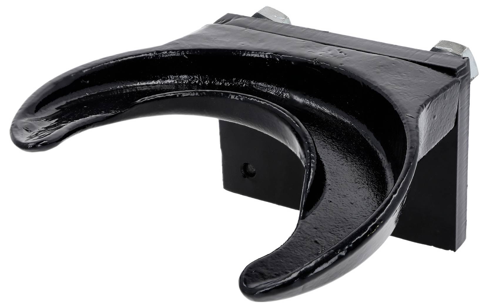 Schwarze Kunststoffmundschutz- oder Kinnschutzbecher auf einer Befestigungshalterung, auf weißem Hintergrund dargestellt.