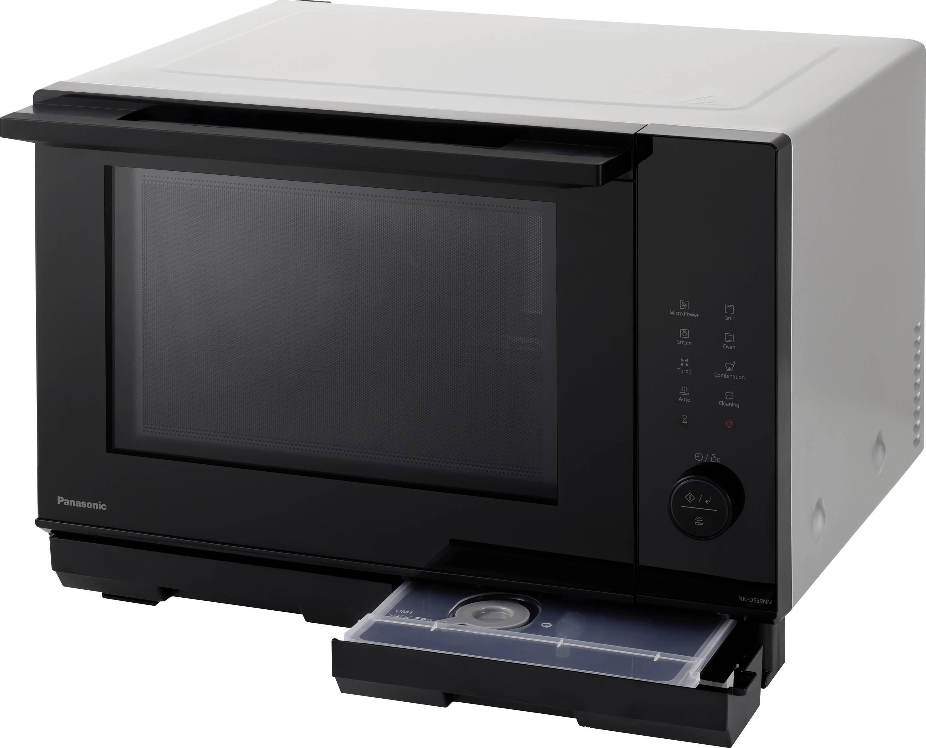 Schwarze Panasonic-Mikrowelle mit ausgezogener Schublade auf weißem Hintergrund.