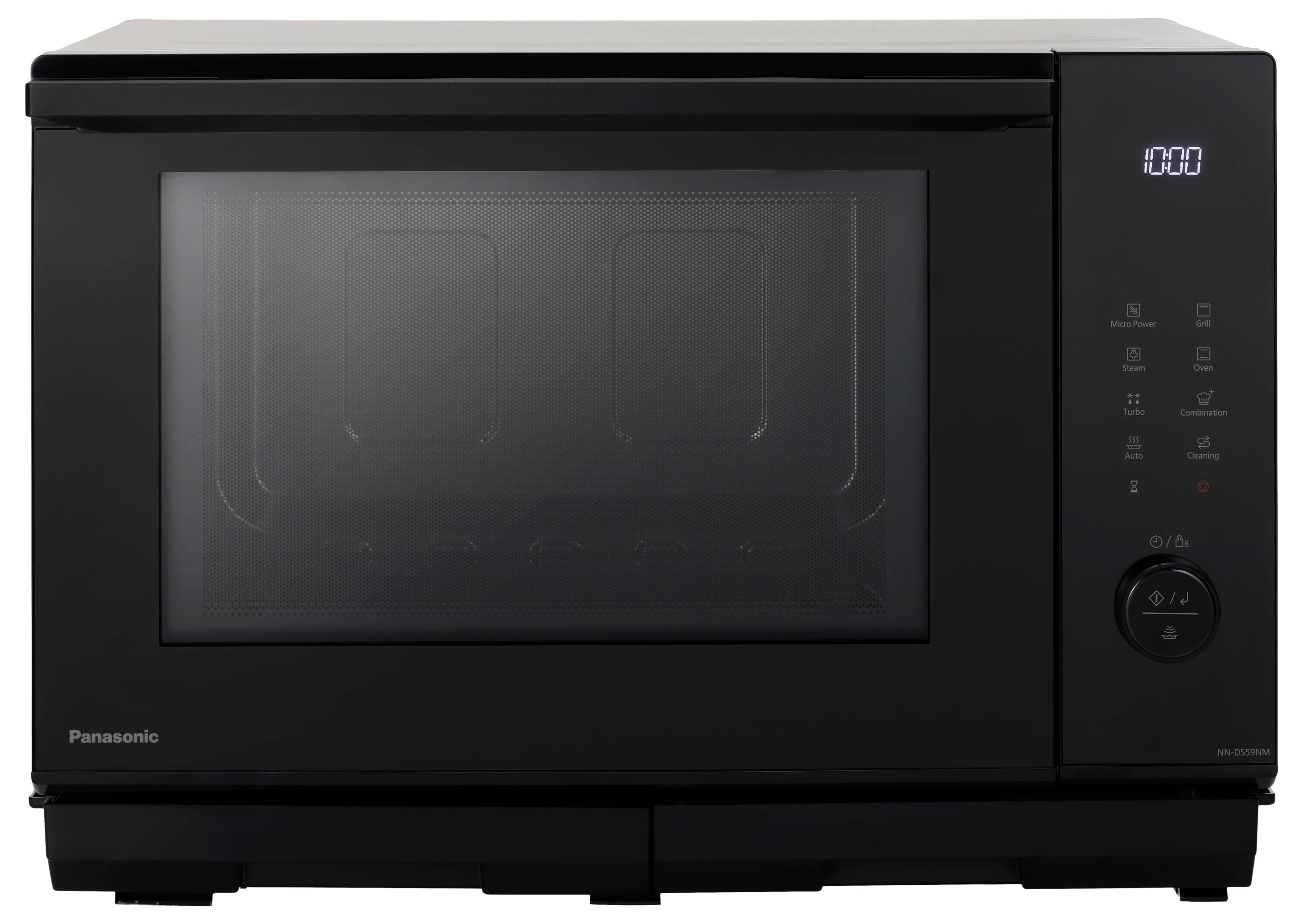 Schwarze Panasonic-Mikrowelle mit digitaler Anzeige und Bedienfeld, geschlossen vor weißem Hintergrund dargestellt.