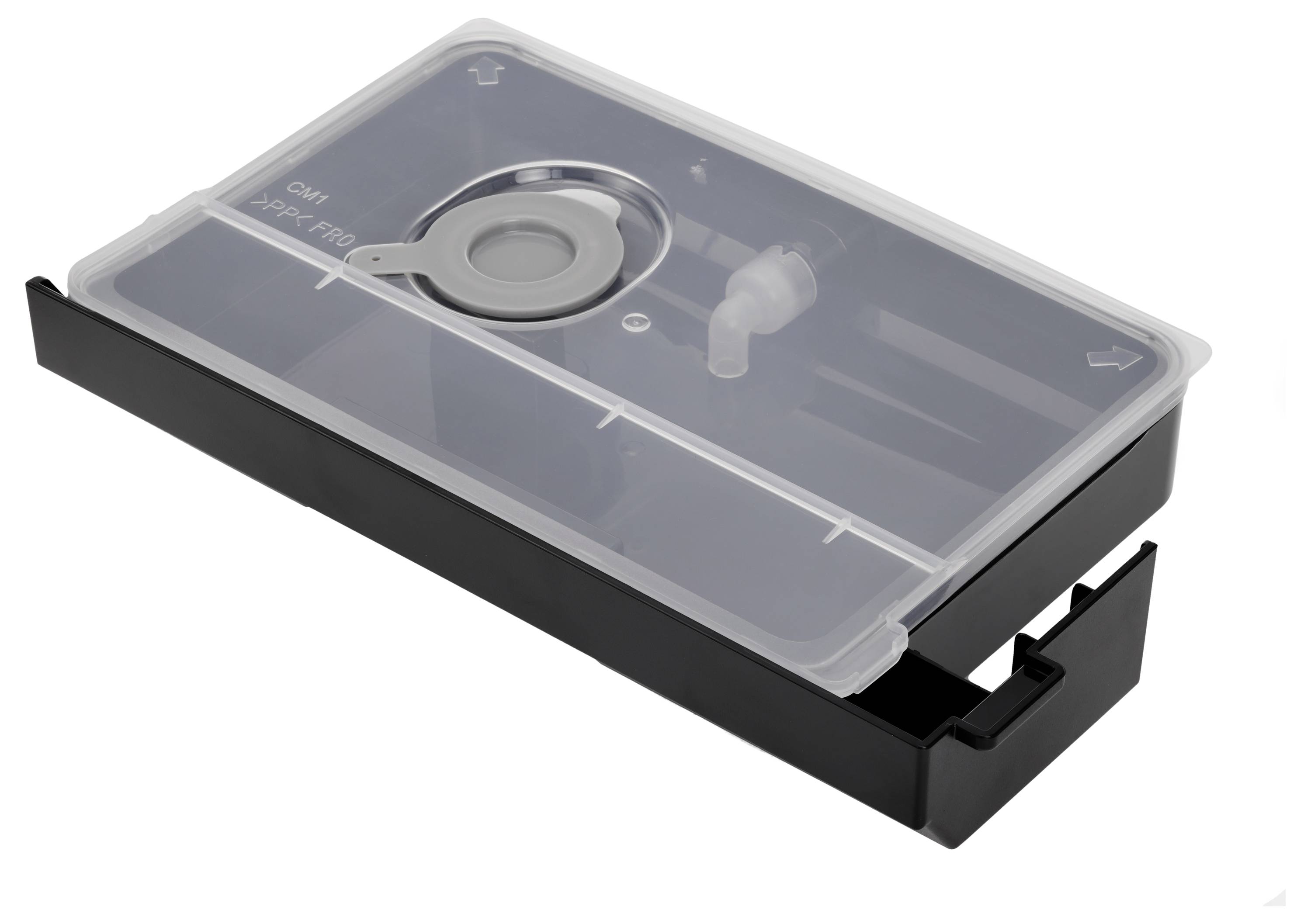 Eine durchscheinbare Kunststoffkassette oder Schale mit schwarzer Basis und zentraler kreisförmiger Passung, perspektivisch auf weißem Hintergrund dargestellt.