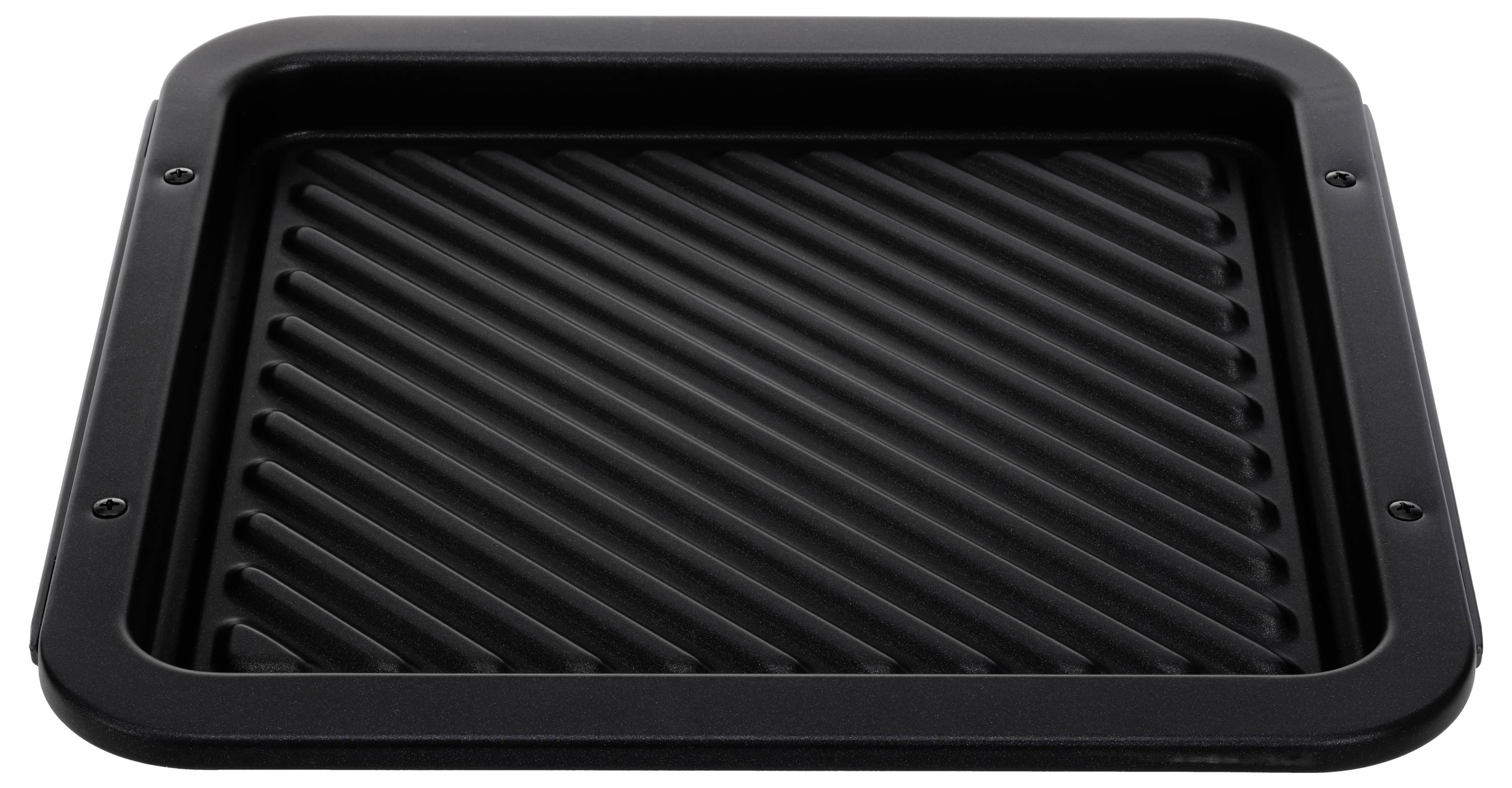 Schwarze quadratische Grillpfanne mit Rillen oder Backblech mit erhöhten Kanten, auf weißem Hintergrund gezeigt.