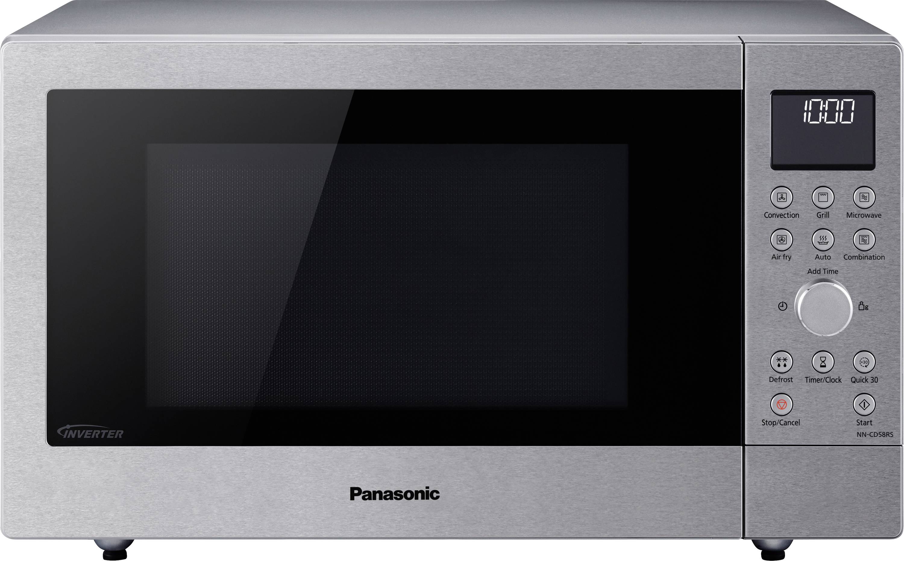 Vorderansicht einer Panasonic-Mikrowelle aus Edelstahl mit digitaler Uhranzeige und Bedientasten auf der rechten Seite.