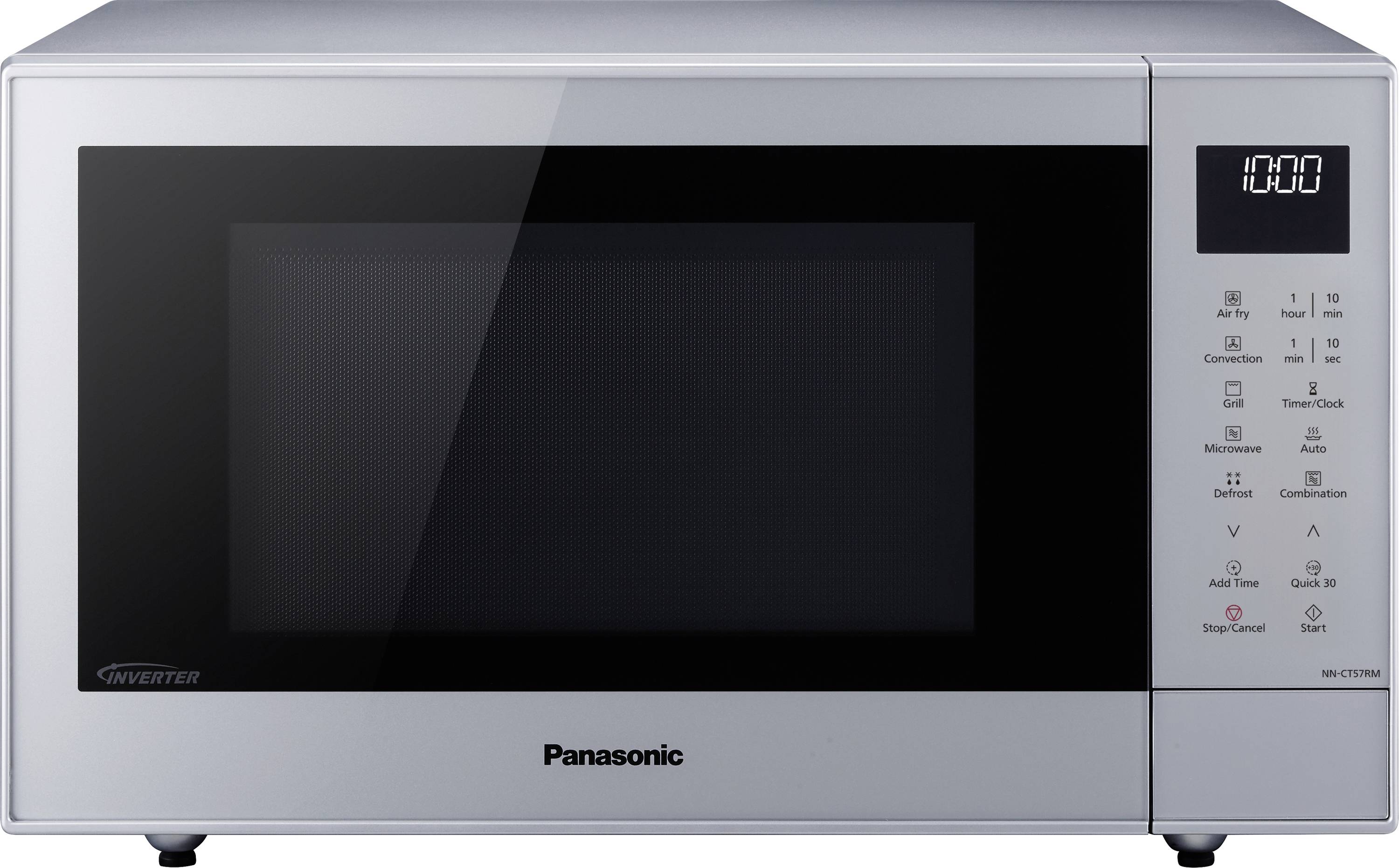 Frontansicht eines Panasonic-Mikrowellenofens mit einer digitalen Uhrenanzeige, die 10:00 anzeigt, und Steuertasten auf dem rechten Bedienfeld.
