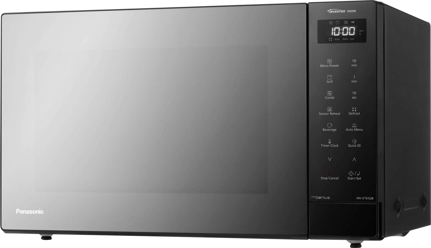 Schwarze Panasonic-Mikrowelle für die Arbeitsplatte mit digitaler Bedienfeld und Display mit Anzeige von 10:00