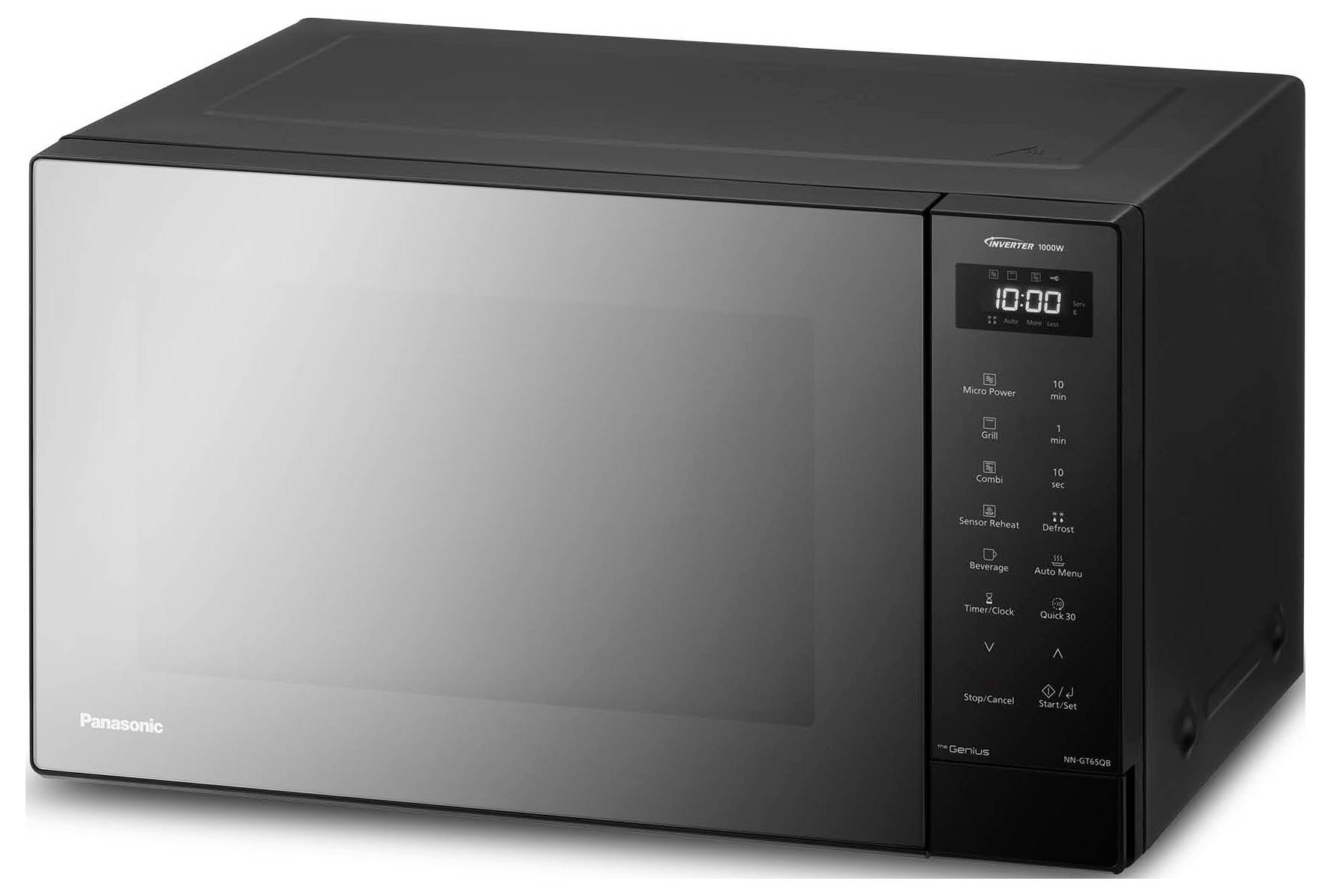 Schwarze Panasonic-Mikrowelle für die Arbeitsplatte mit digitaler Anzeige und Touchscreen-Bedienfeld auf der rechten Seite.