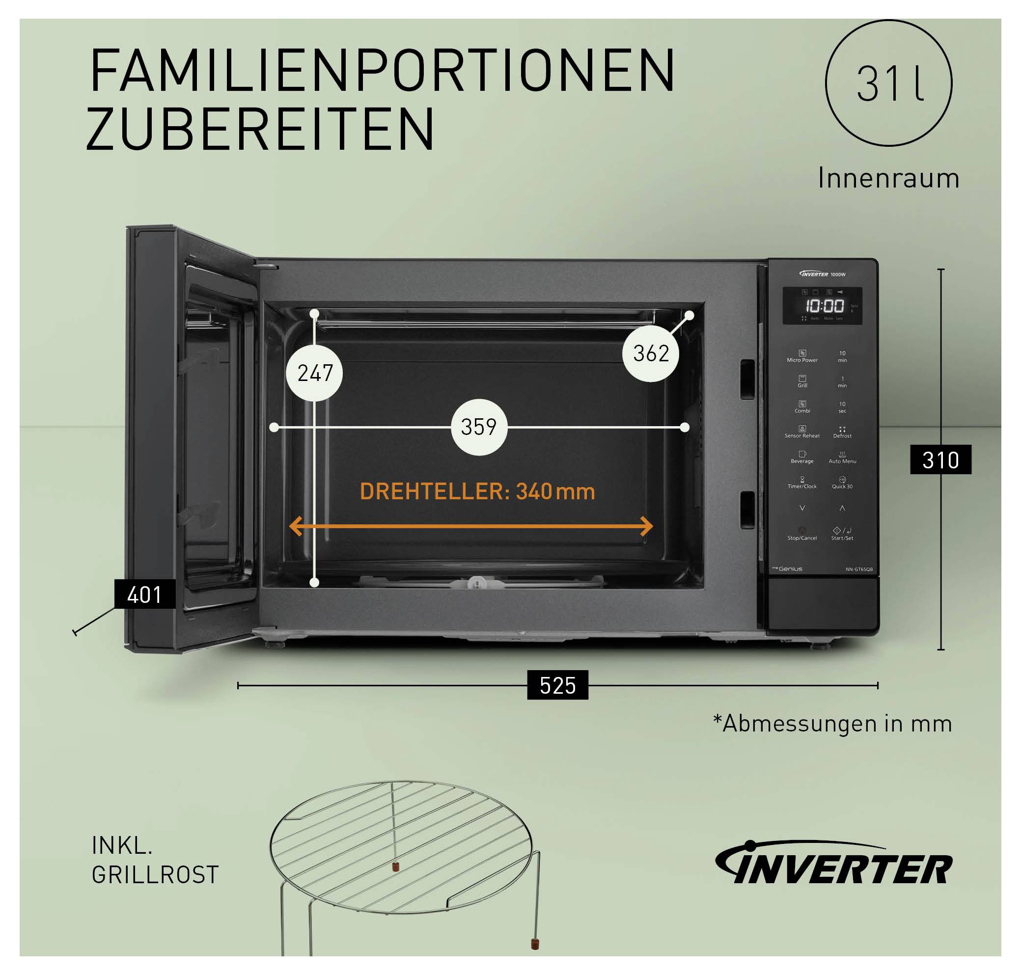 Mikrowelle für Familienportionen mit geöffnetem Innenraum, 31 l Fassungsvermögen; Abmessungen und 340-mm-Drehteller sind eingezeichnet.