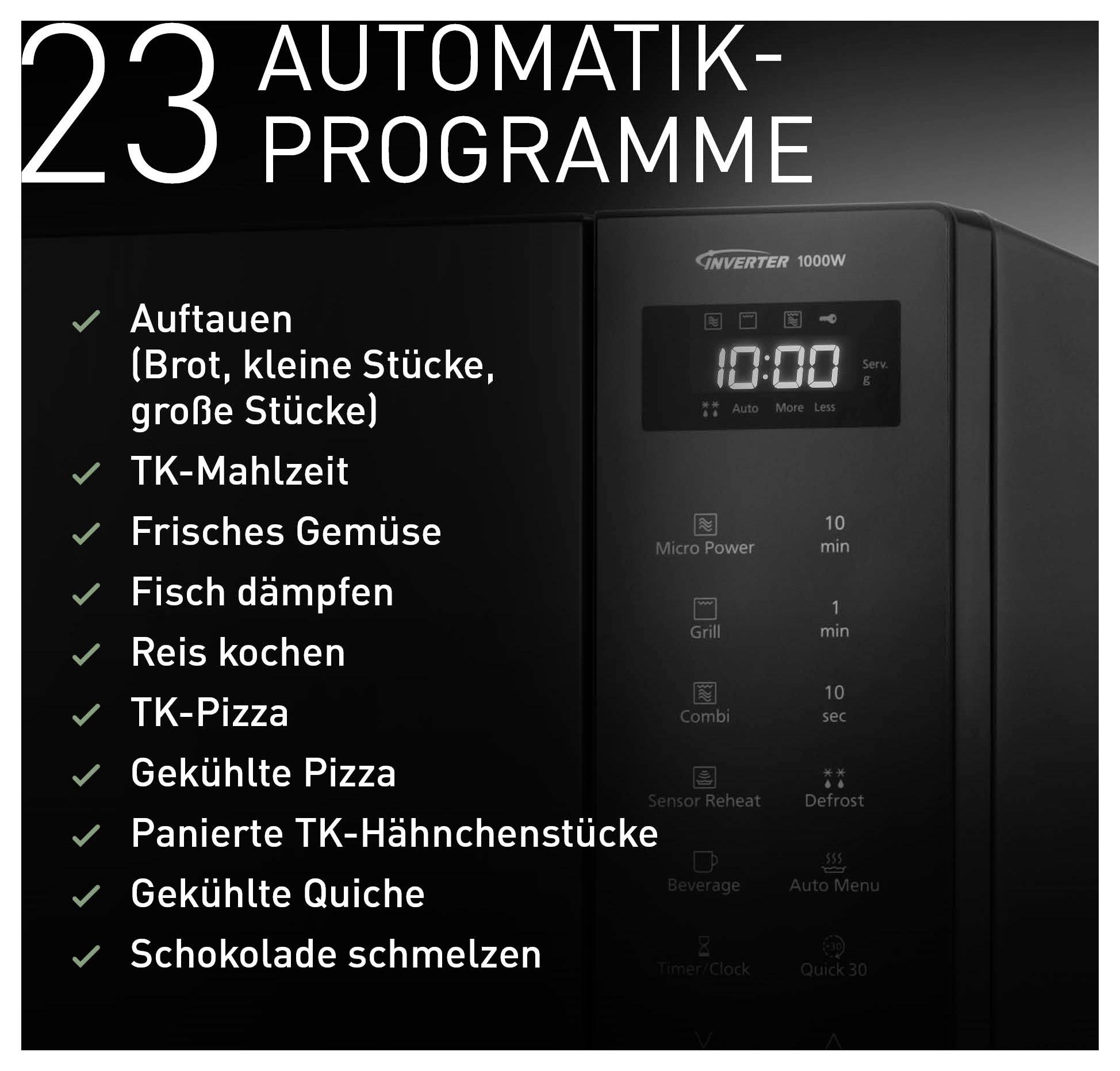 Mikrowellen-Übersicht: '23 Automatik-Programme' mit Liste von Funktionen wie Auftauen, Gemüse garen, Reis kochen, Pizza und Schokolade schmelzen.