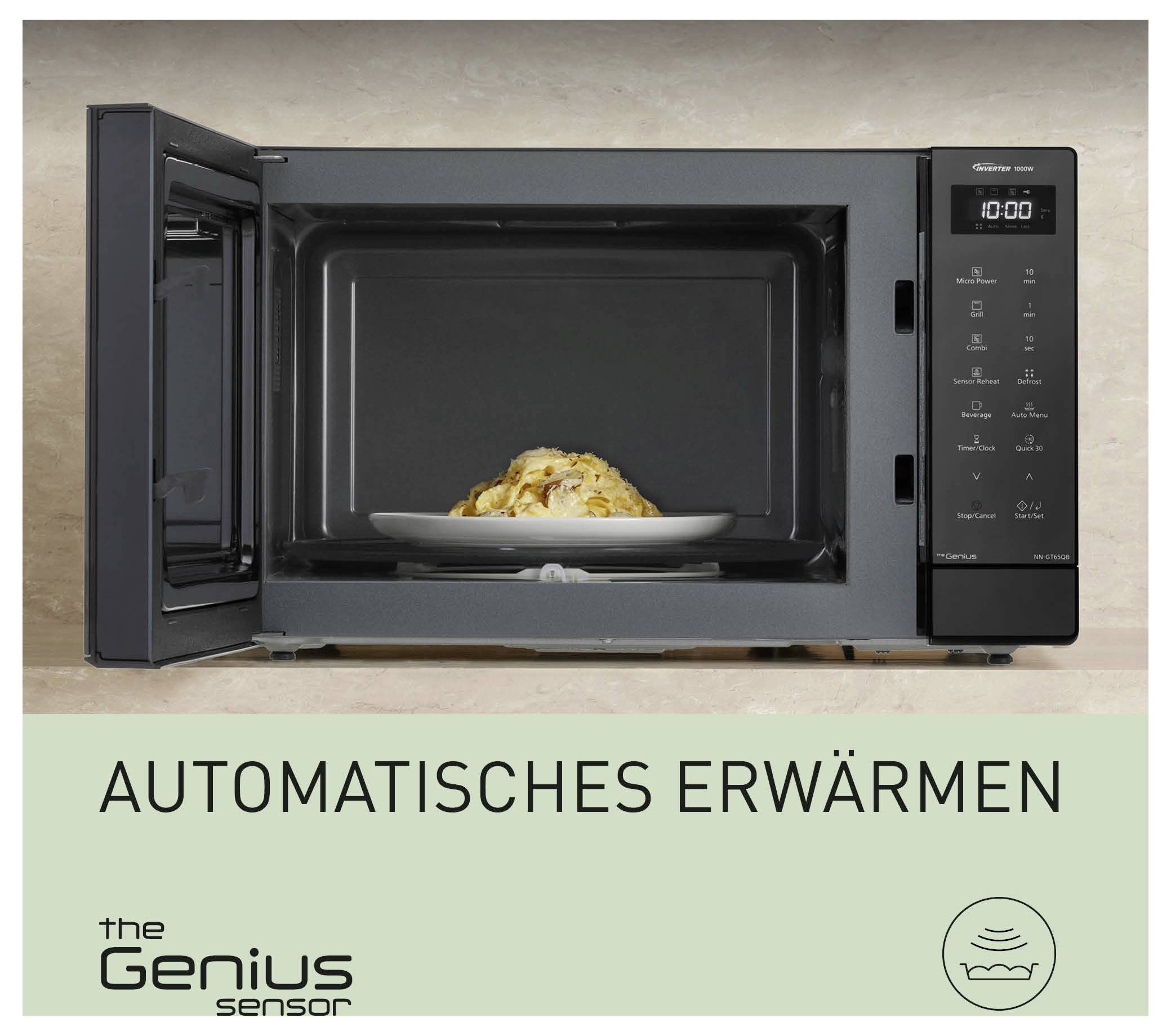 Offene Mikrowelle mit Teller Essen; unten steht 'AUTOMATISCHES ERWÄRMEN' und das Logo 'the Genius sensor'.