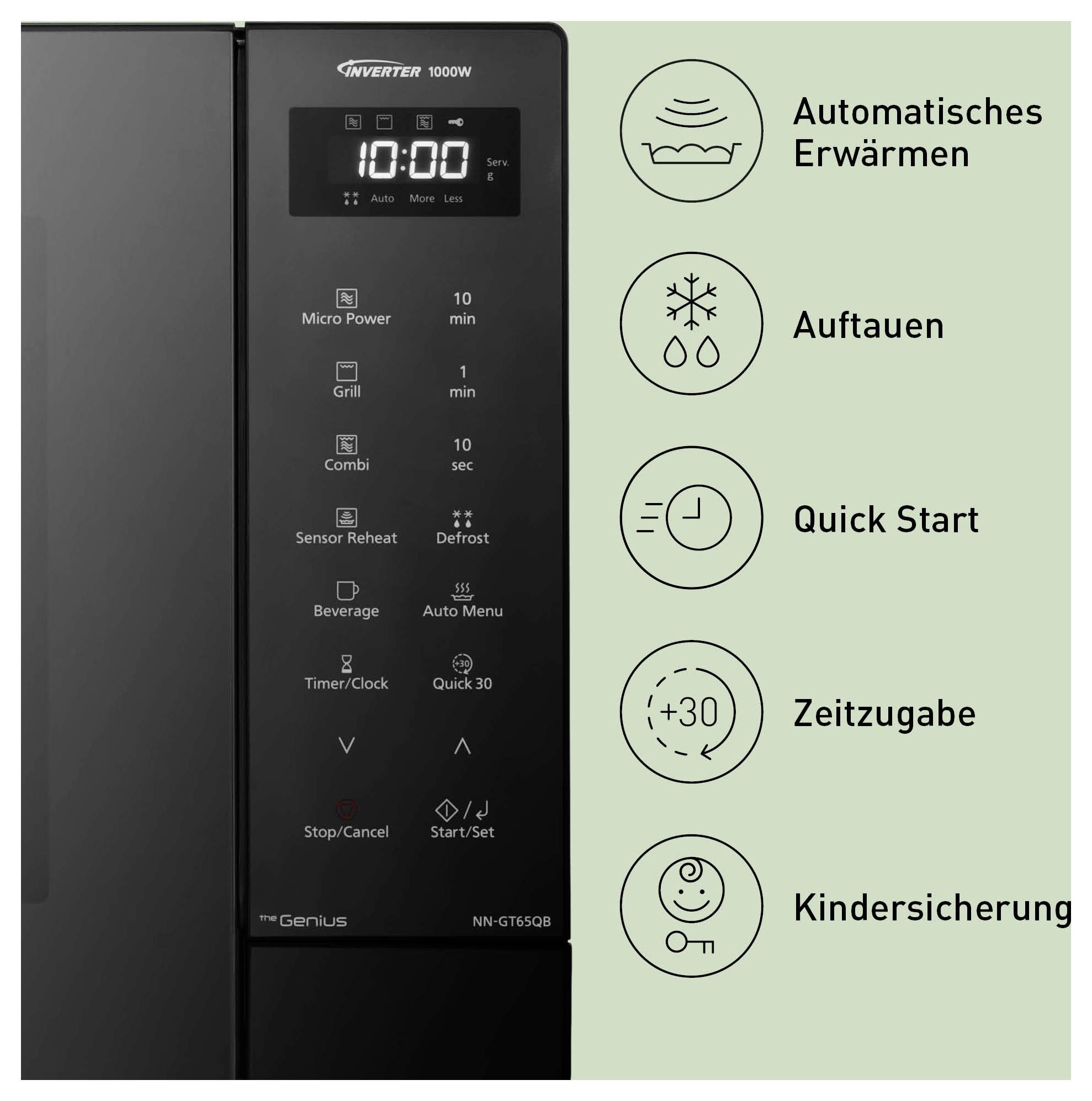Bedienfeld einer Mikrowelle mit Display und Tasten; rechts Symbole für Automatisches Erwärmen, Auftauen, Quick Start, Zeitzugabe und Kindersicherung.