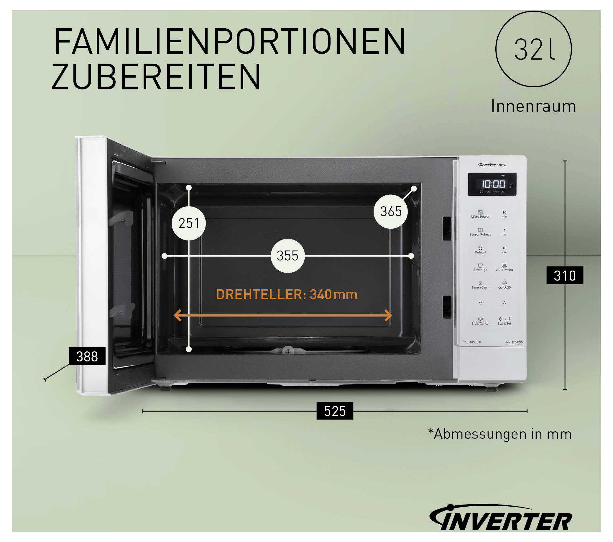 Werbung für eine Mikrowelle 'Familienportionen zubereiten' mit 32 l Innenraum, Drehteller 340 mm und Maßangaben des Geräts in mm.
