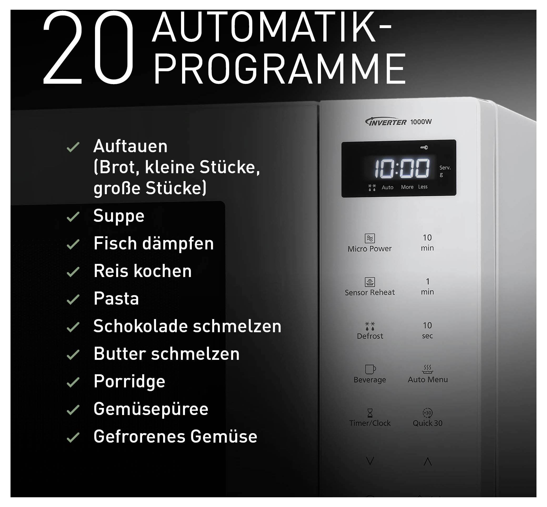 Werbung für eine Mikrowelle mit '20 Automatik-Programme'; rechts Gerätedisplay und Tasten, links Programmliste wie Auftauen, Suppe, Fisch dämpfen, Reis kochen und Gemüsepüree.