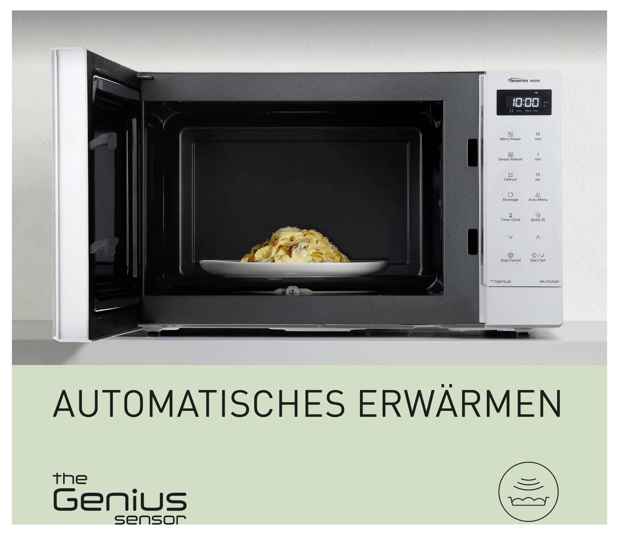 Mikrowelle mit geöffneter Tür erwärmt ein Gericht; darunter steht 'AUTOMATISCHES ERWÄRMEN' und 'the Genius Sensor'.