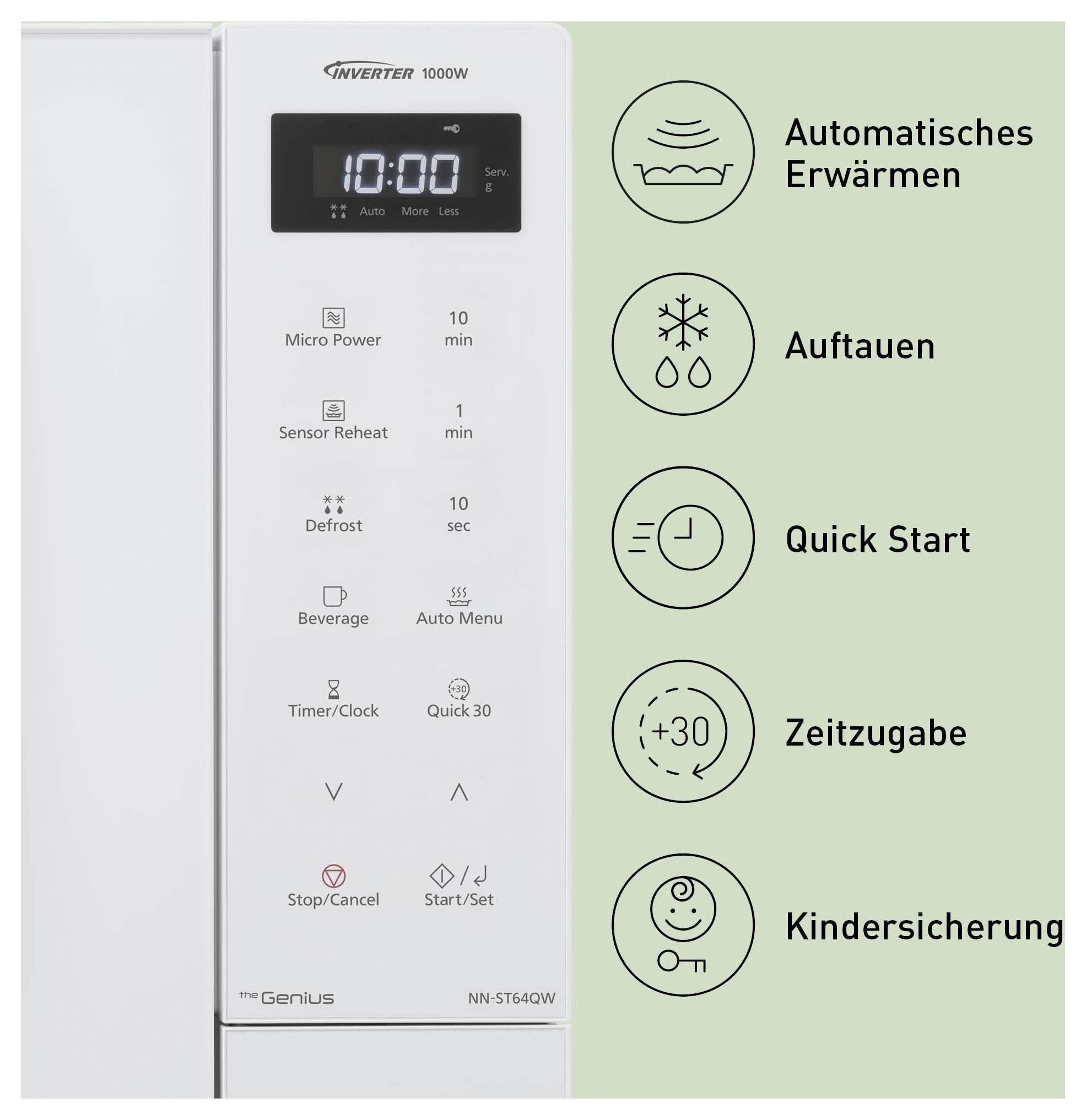 Bedienfeld einer Mikrowelle mit Programmen und Symbolen: Automatisches Erwärmen, Auftauen, Quick Start, Zeitangabe und Kindersicherung.