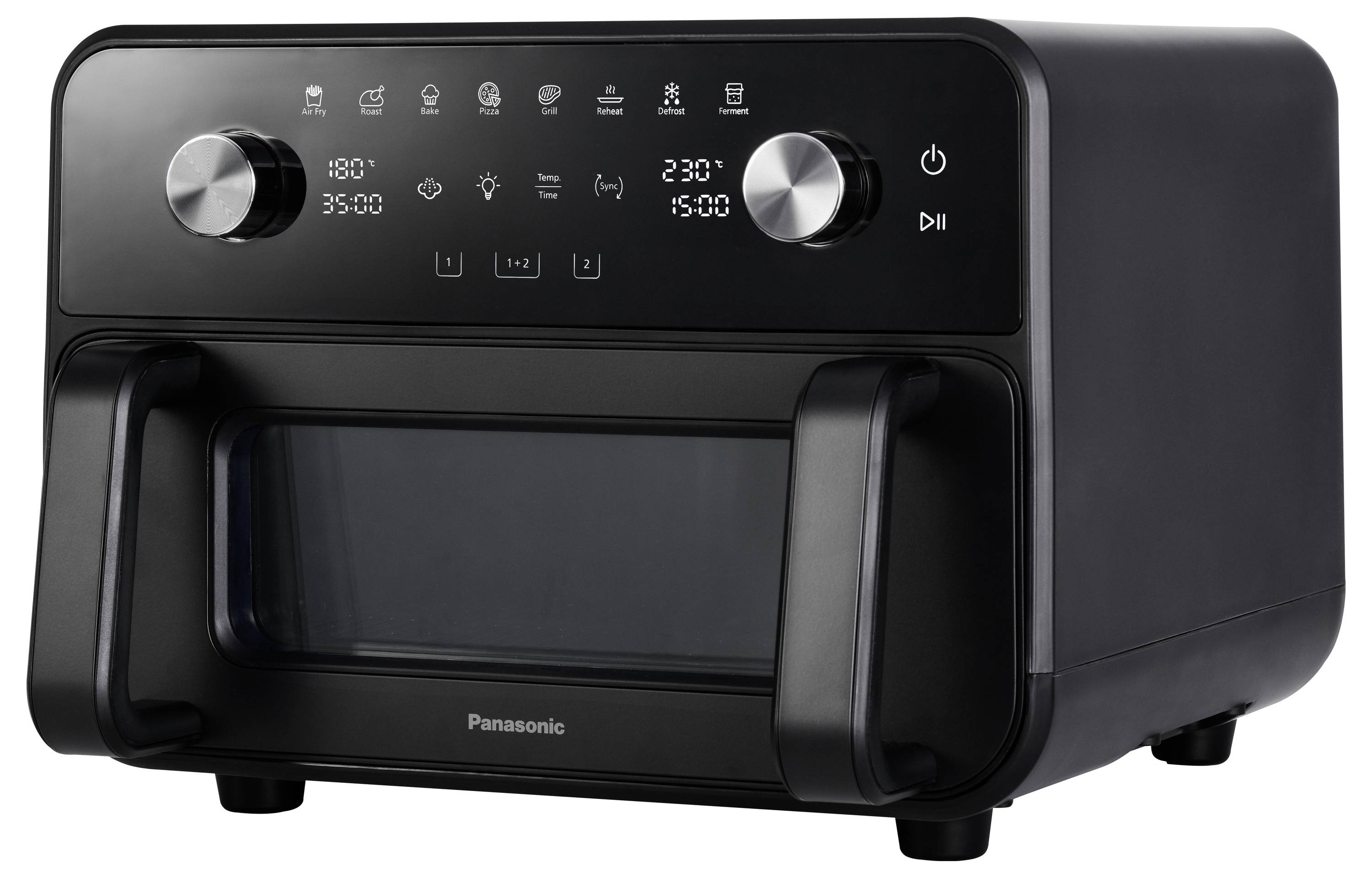 Schwarzer Panasonic-Tischluftfritteuse-Ofen mit zwei Drehreglern, digitaler Anzeige und vorderer Glastür, dargestellt auf weißem Hintergrund.