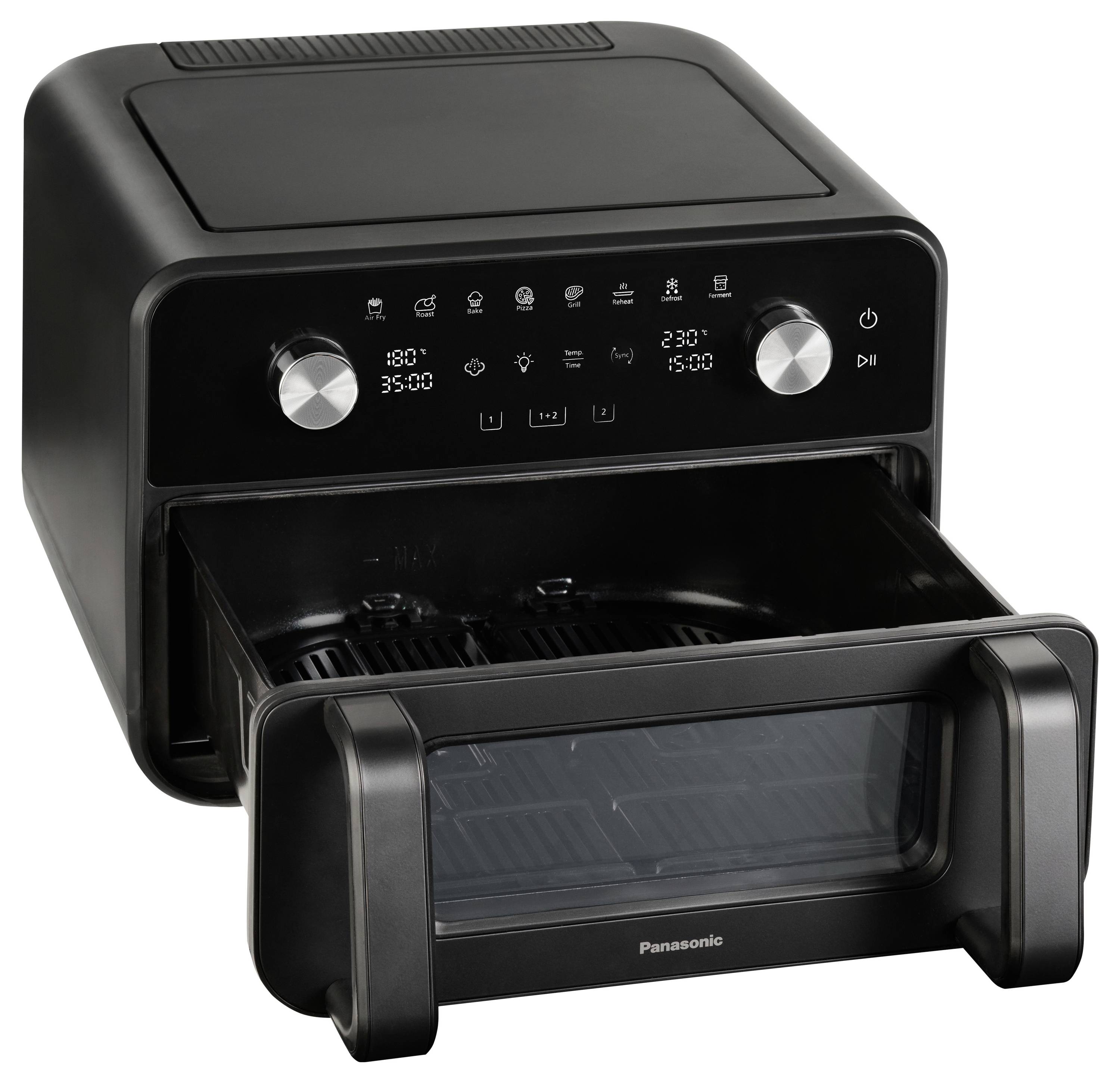 Schwarze Panasonic Fritteuse mit Heißluft und Backofen für die Arbeitsplatte mit ausziehbarem Korb, Glastür, digitaler Steuerung und zwei silbernen Drehknöpfen auf weißem Hintergrund.