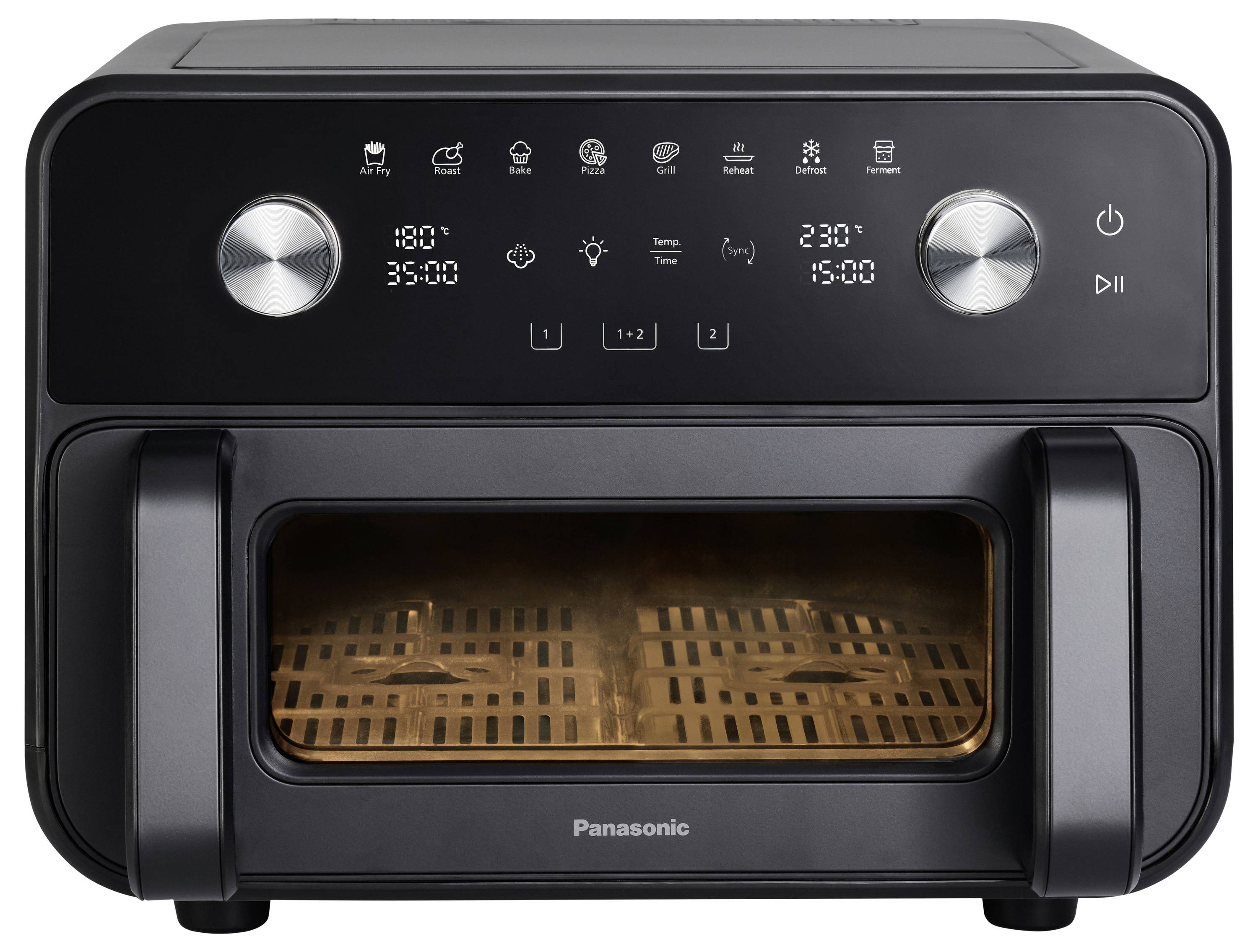 Vorderansicht eines schwarzen Panasonic-Heißluftfriteuse-Ofens mit Glasfenster, zwei Drehreglern und digitalen Steuerelementen, die 180°C und 230°F anzeigen.