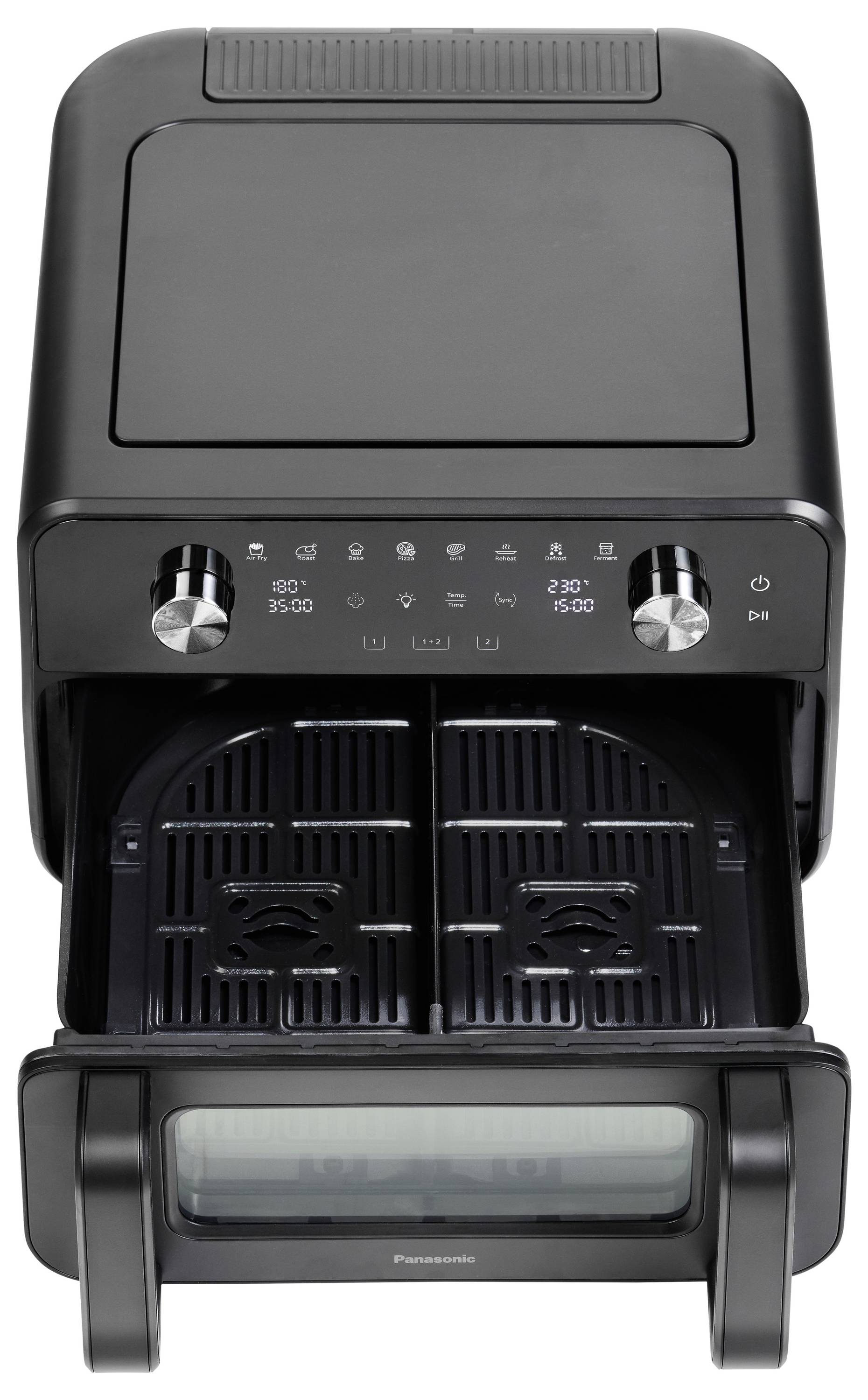 Schwarze Doppelkorb-Heißluftfritteuse mit frontalem Touchscreen und zwei Drehreglern, gezeigt mit geöffneter unterer Schublade, die zwei Garkammern offenbart.