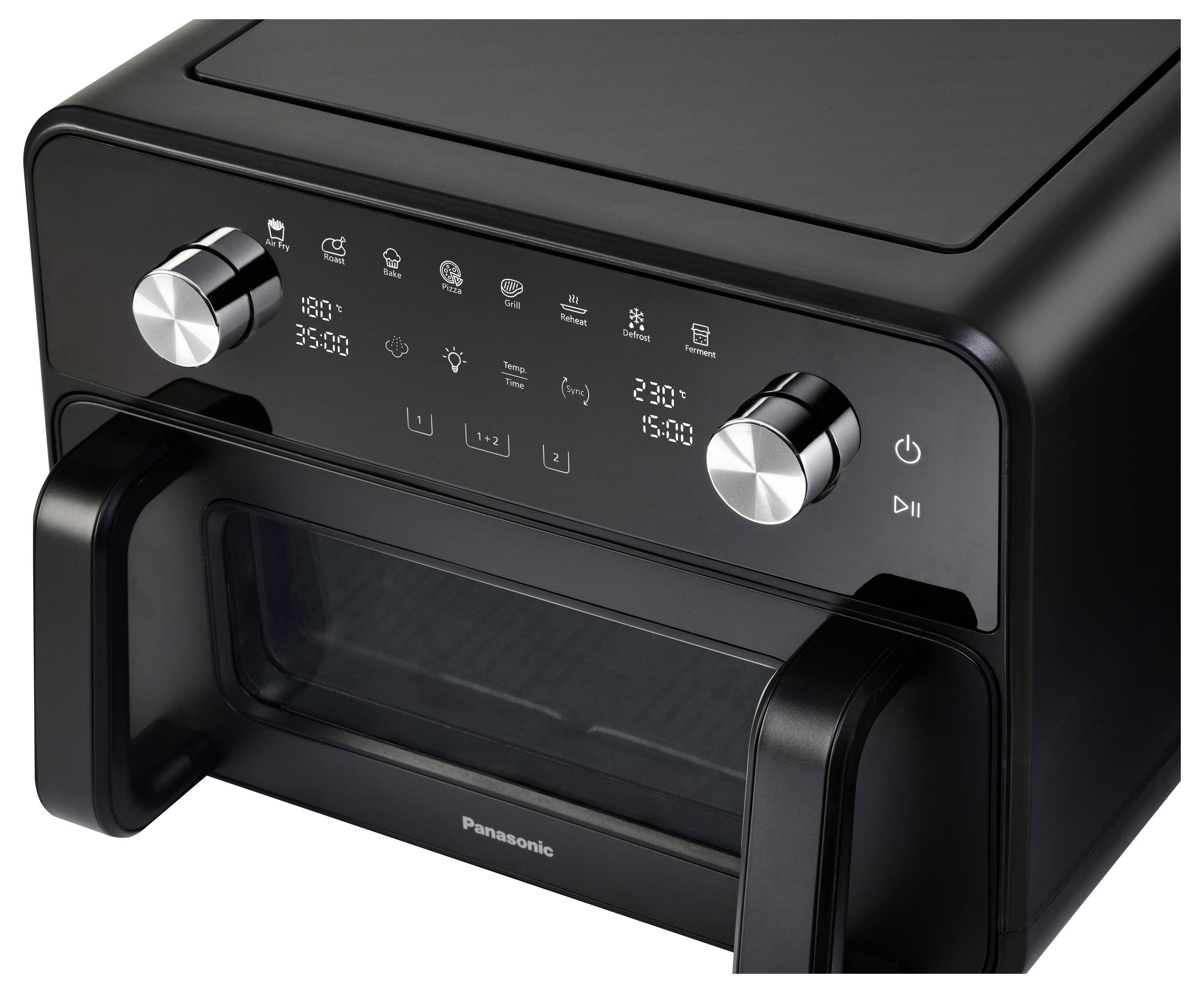 Schwarzer Panasonic Arbeitsplattenn-Heißluftfriteuse mit digitalen Bedienelementen, zwei silbernen Drehknöpfen und einer Glastür an der Front.