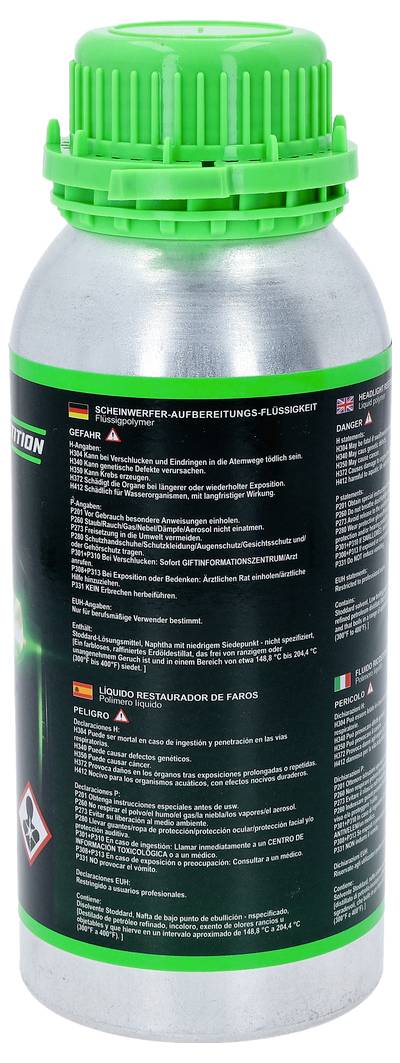 Silbermetallflasche mit leuchtend grünem Verschluss und schwarzem Etikett, das mit mehrsprachigem Sicherheits- und Produkttext bedeckt ist.