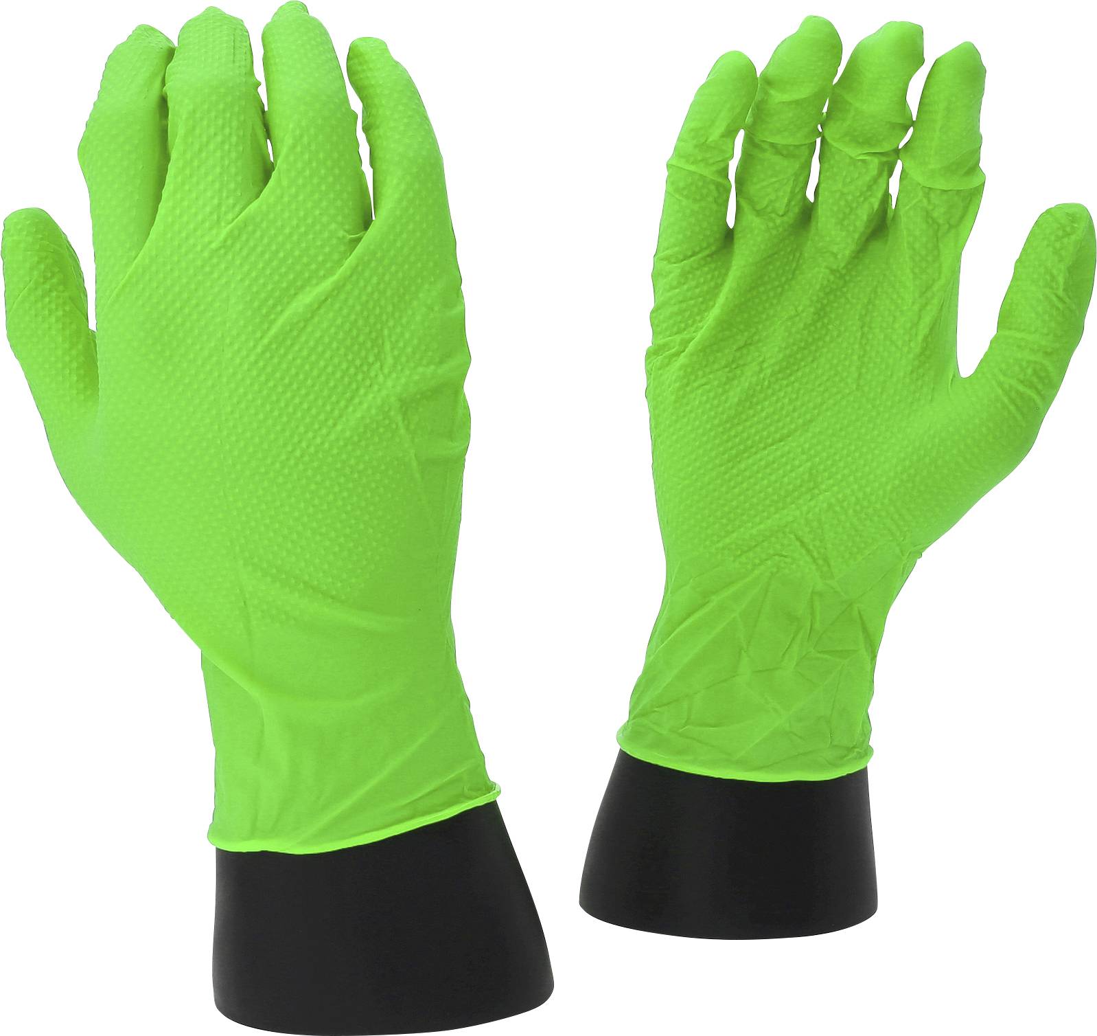 Paar leuchtend grüner Gummihandschuhe mit schwarzen Bündchen, von vorne und von hinten auf weißem Hintergrund gezeigt.