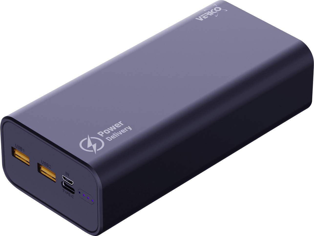 Schwarze NERKO-Powerbank mit Power-Delivery-Logo, zwei USB-Anschlüssen, USB-C-Anschluss und vier LED-Batterieanzeigelichtern.