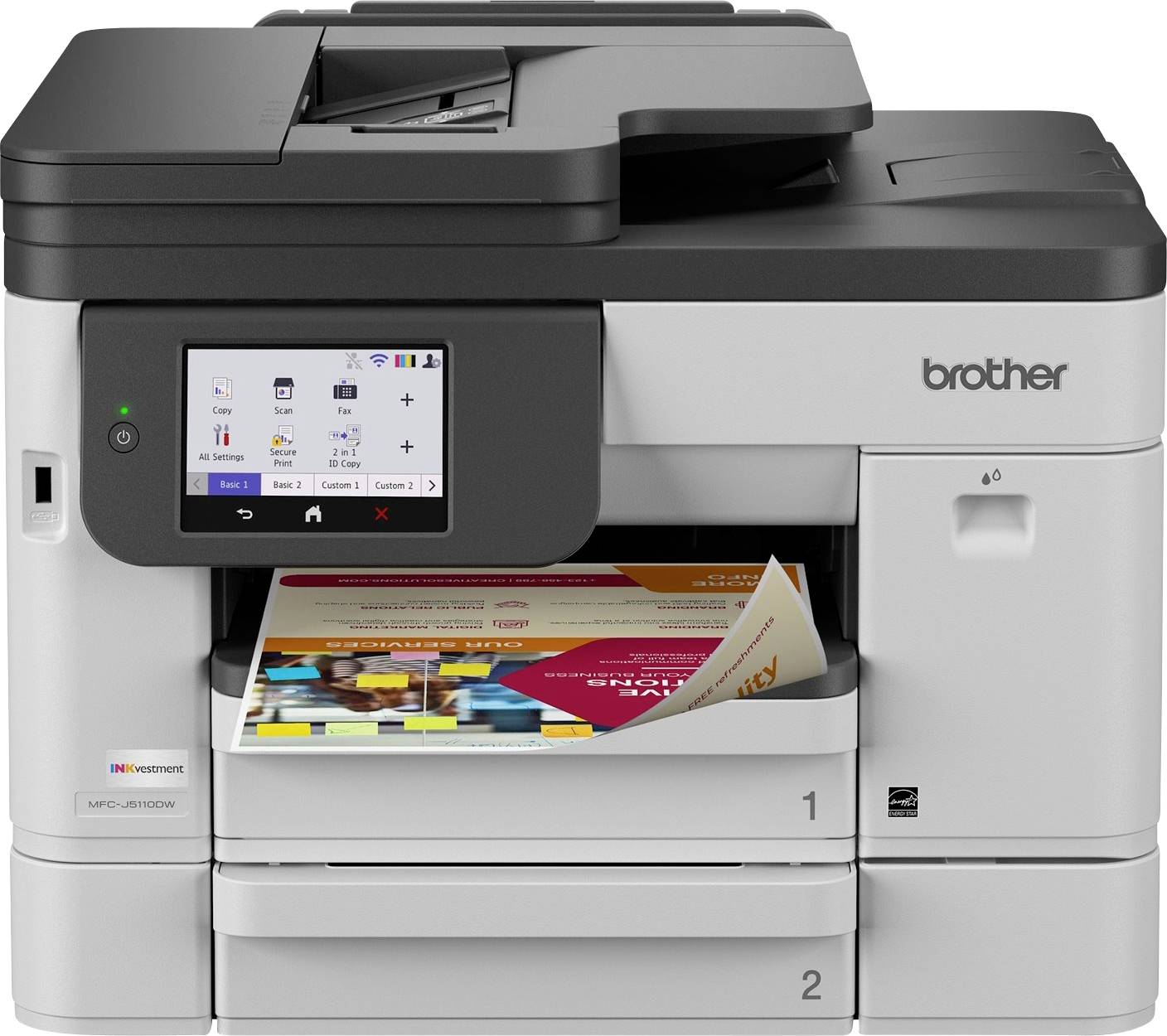 Brother Multifunktionsdrucker mit Touchscreen-Display, das Drucken eines Farbdokuments aus dem vorderen Papierfach.