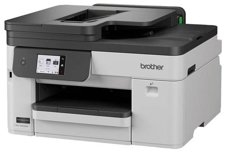 Multifunktionsdrucker von Brother mit Touchscreen, Scannerdeckel und Papierfach, dargestellt in einer Studio-Produktansicht auf weißem Hintergrund.