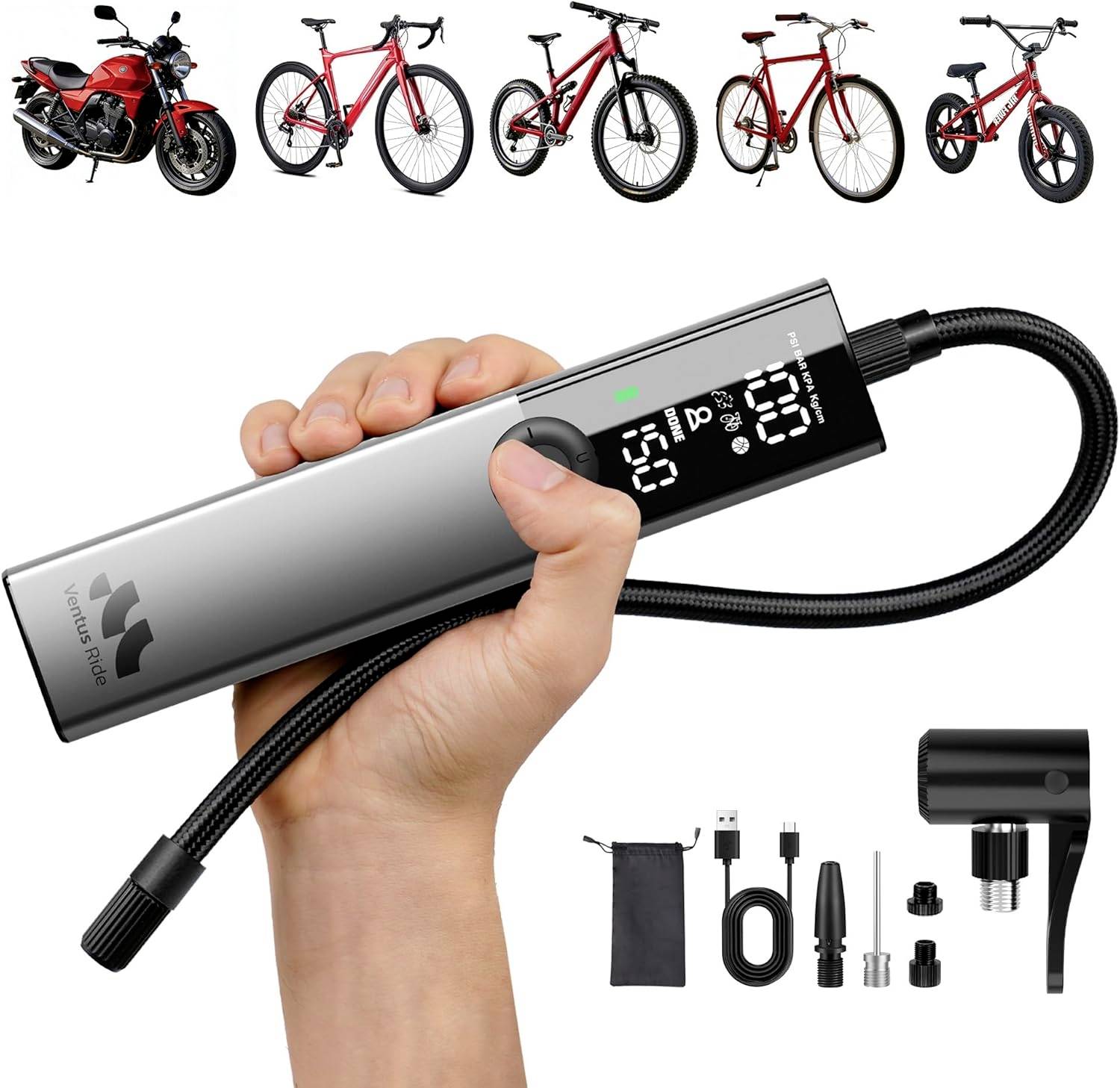 Tragbare elektrische Fahrrad- und Motorrad-Luftpumpe mit digitaler Anzeige, Schlauch und Aufsätzen; kleine Bilder zeigen die Verwendung bei Motorrädern und Fahrrädern.